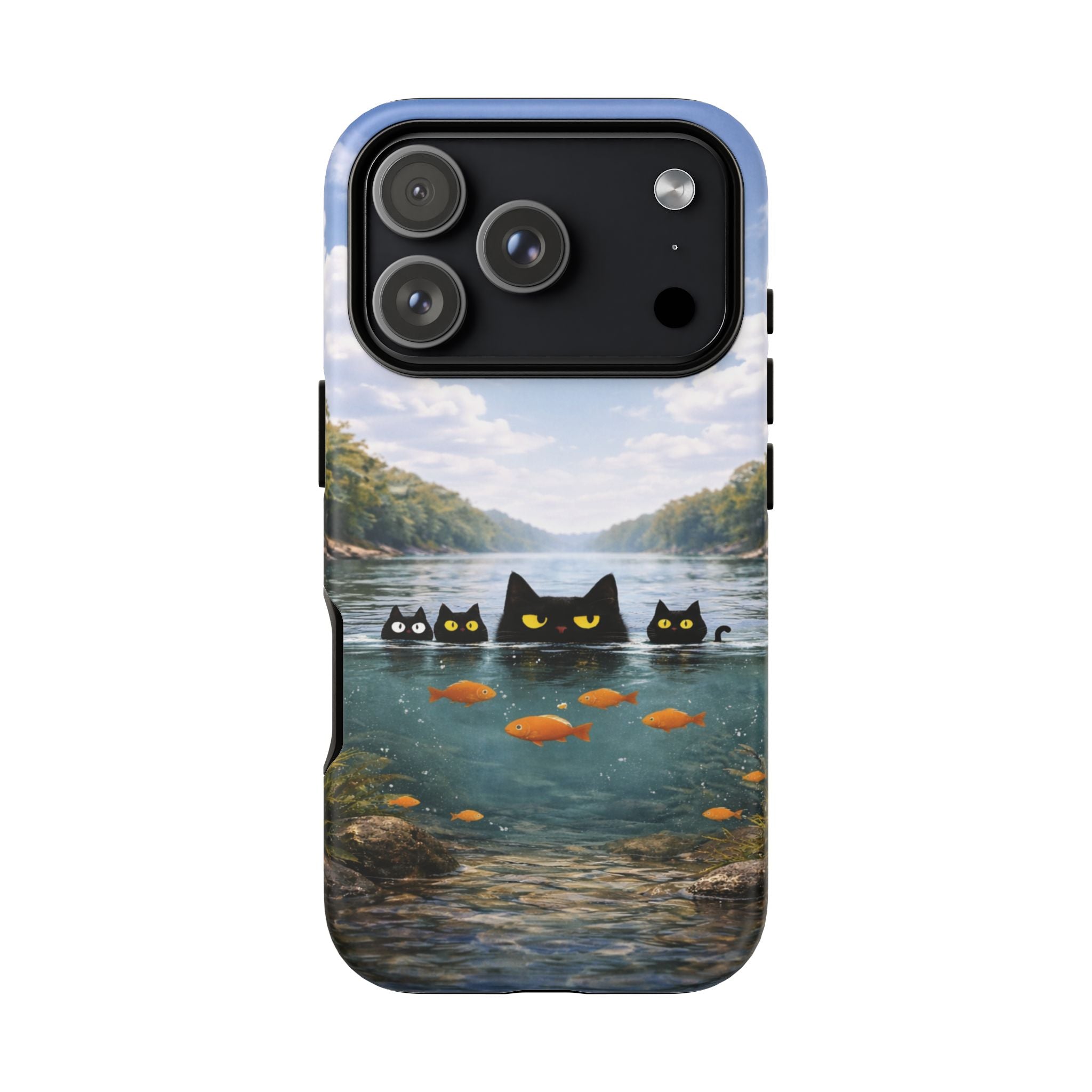 Cat Lake Tough Phone Case — Black Cats & Goldfish Scenic Protective Cover🐶🐾
