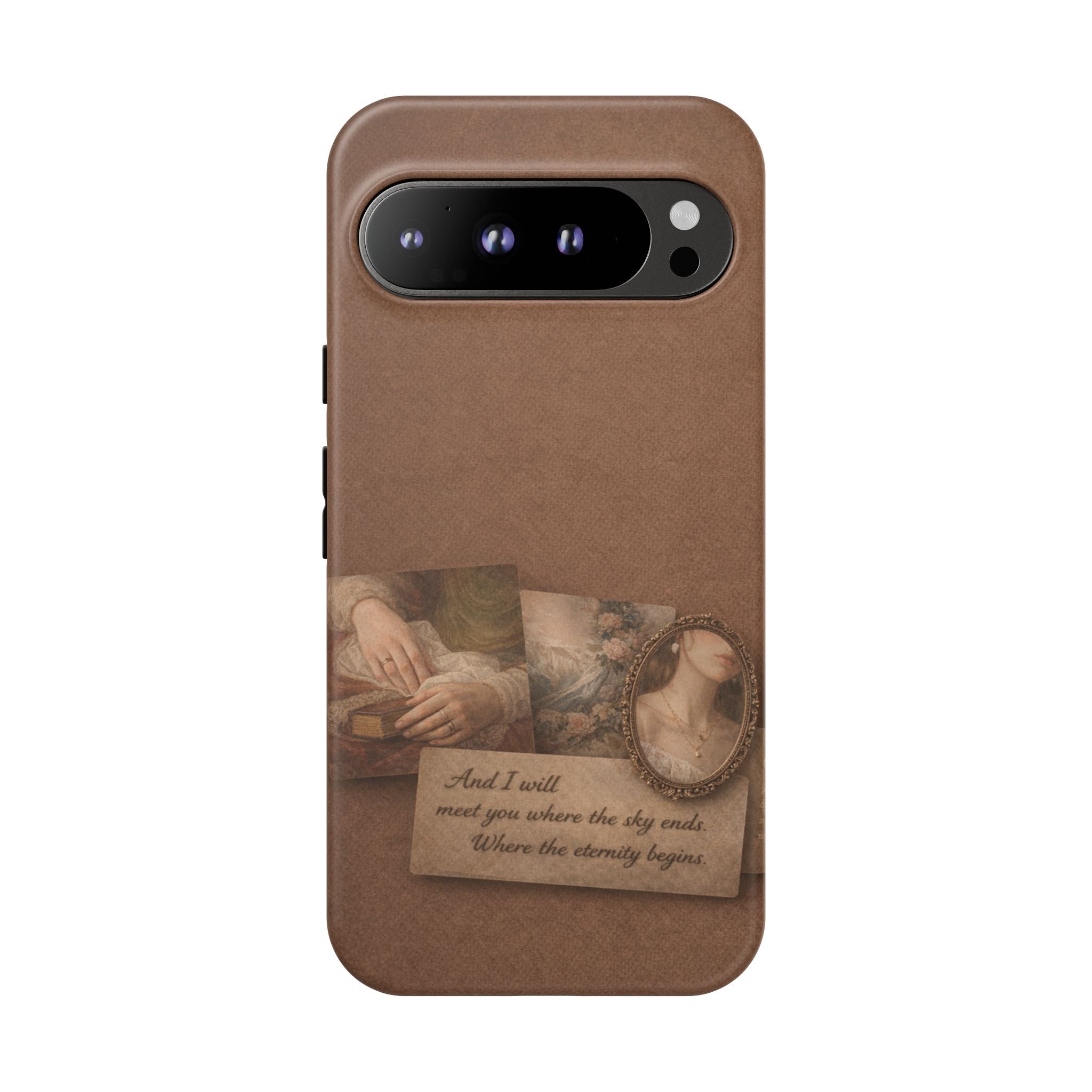 Vintage Brown Phone Case with Romantic Collage — "And I saw you where the sky ends"🌙