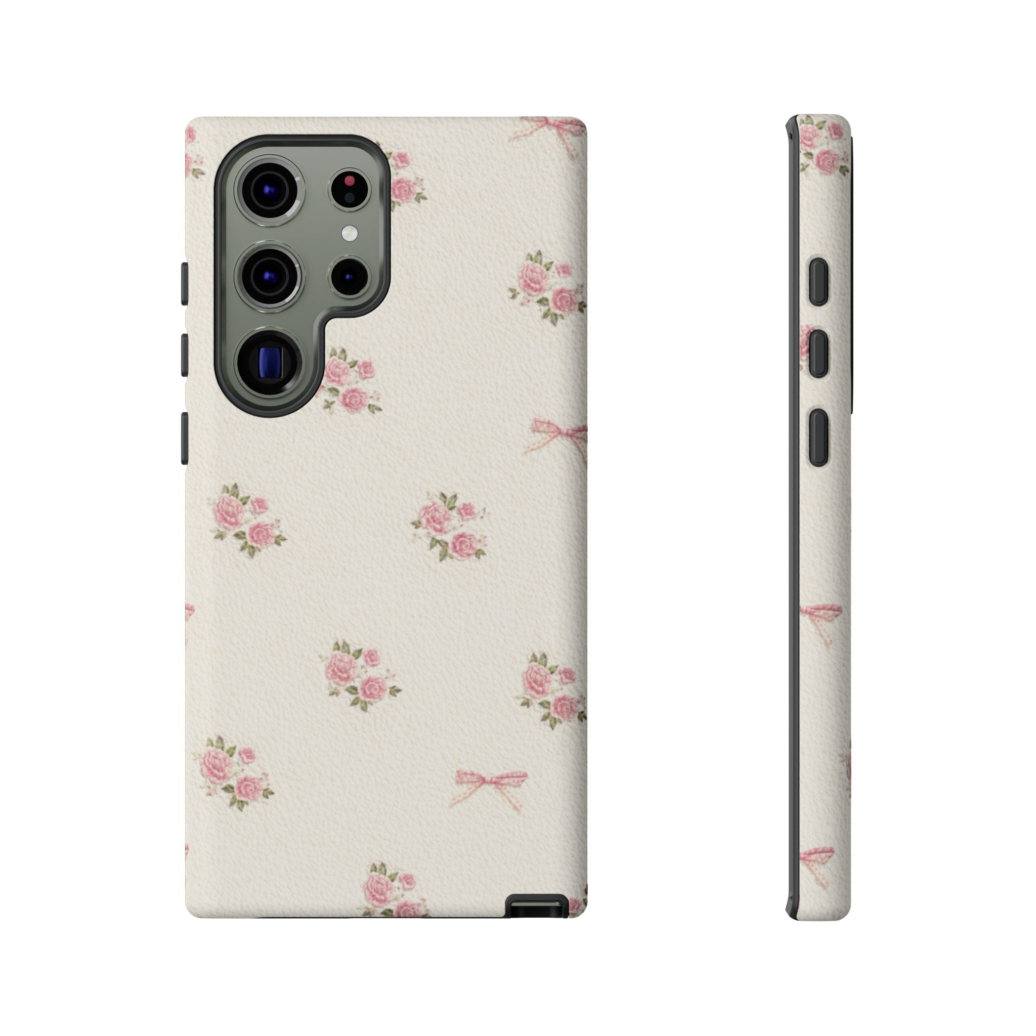 Floral Bow Tough Phone Case — Vintage Pink Rose Pattern🌷🎀