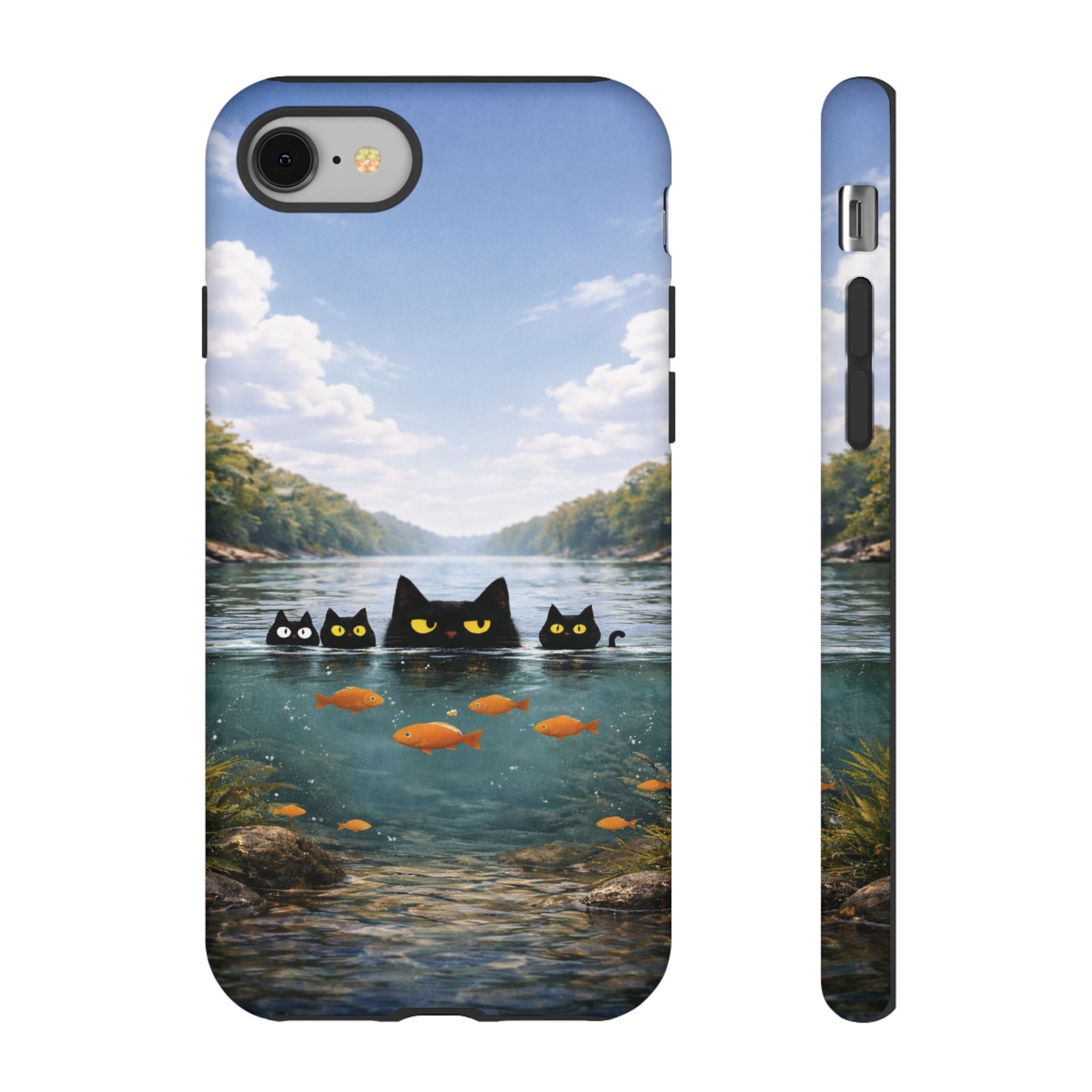Cat Lake Tough Phone Case — Black Cats & Goldfish Scenic Protective Cover🐶🐾