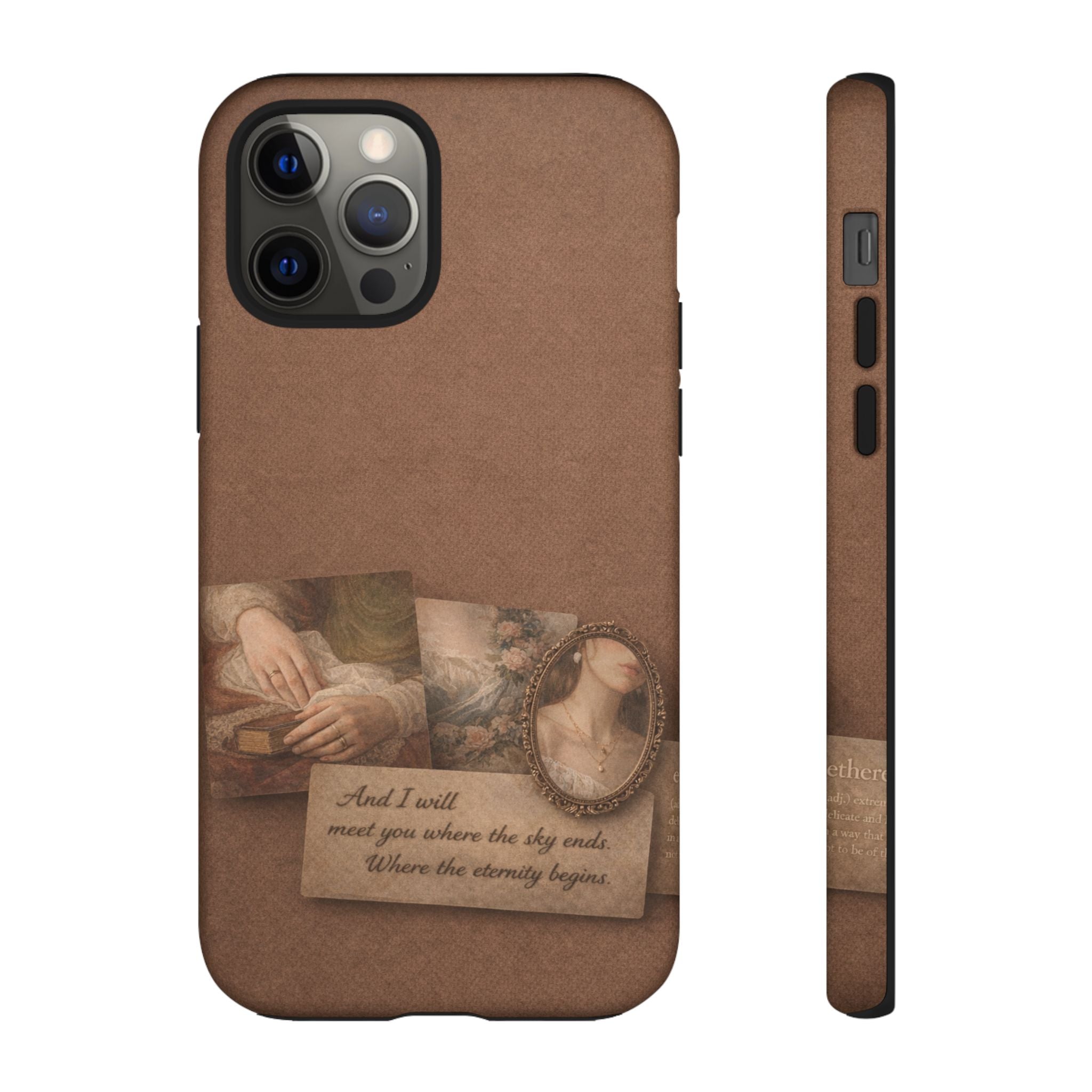 Vintage Brown Phone Case with Romantic Collage — "And I saw you where the sky ends"🌙