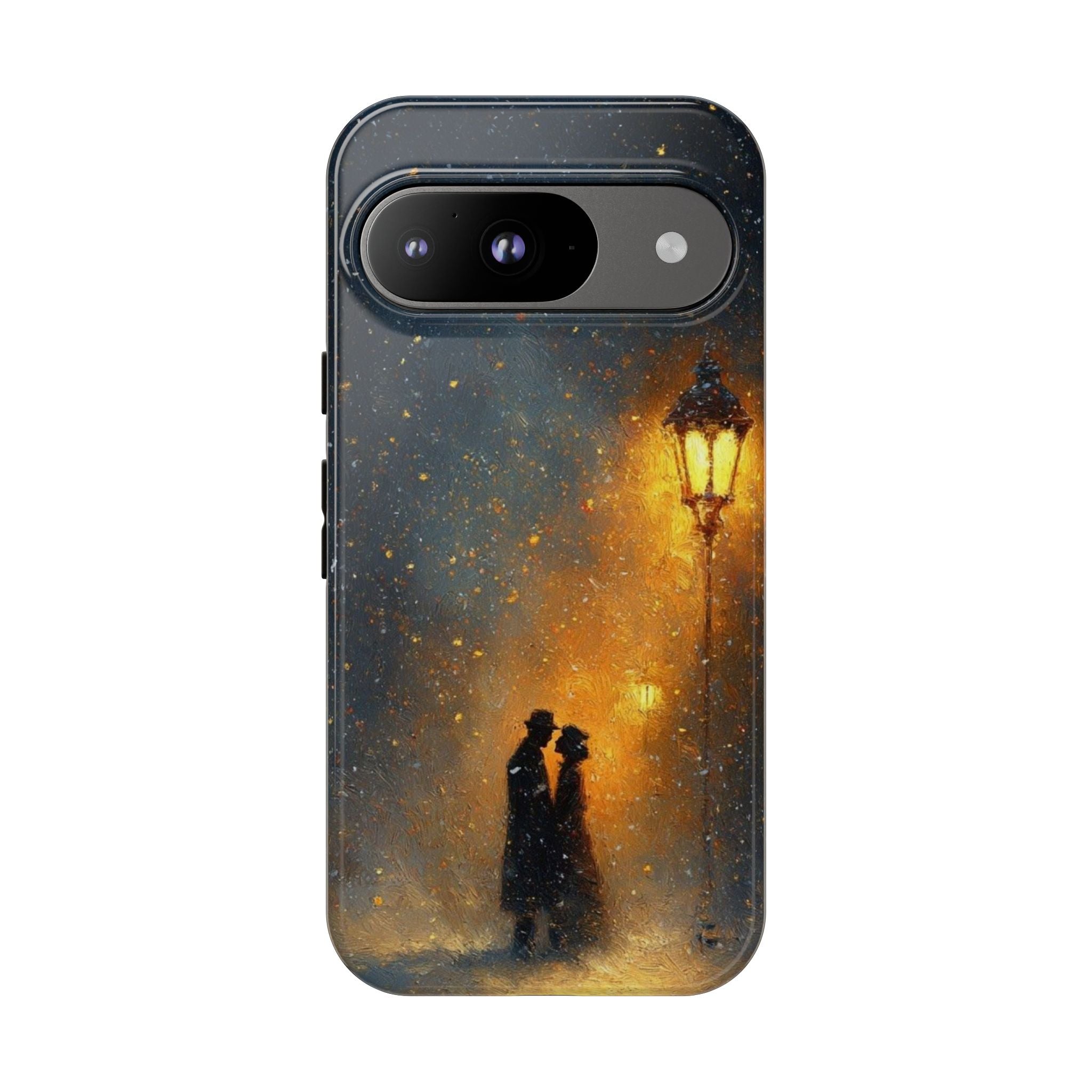 Romantic Snowy Street Phone Case — Vintage Couple Under Lamplight🌓🌙