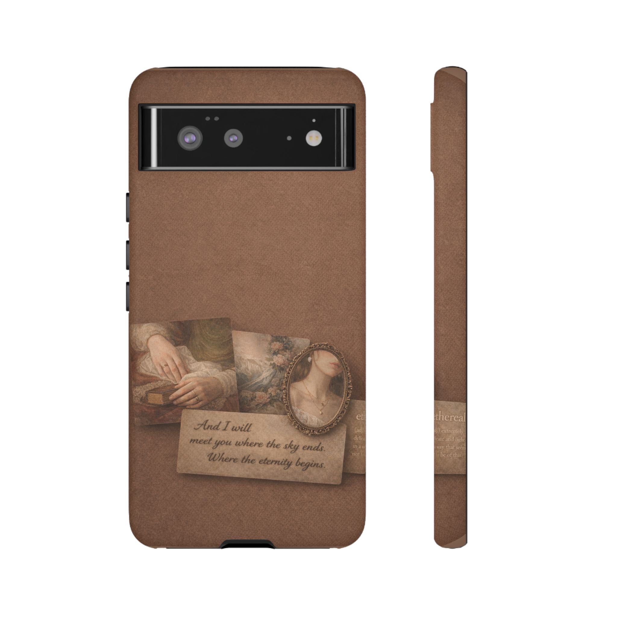 Vintage Brown Phone Case with Romantic Collage — "And I saw you where the sky ends"🌙