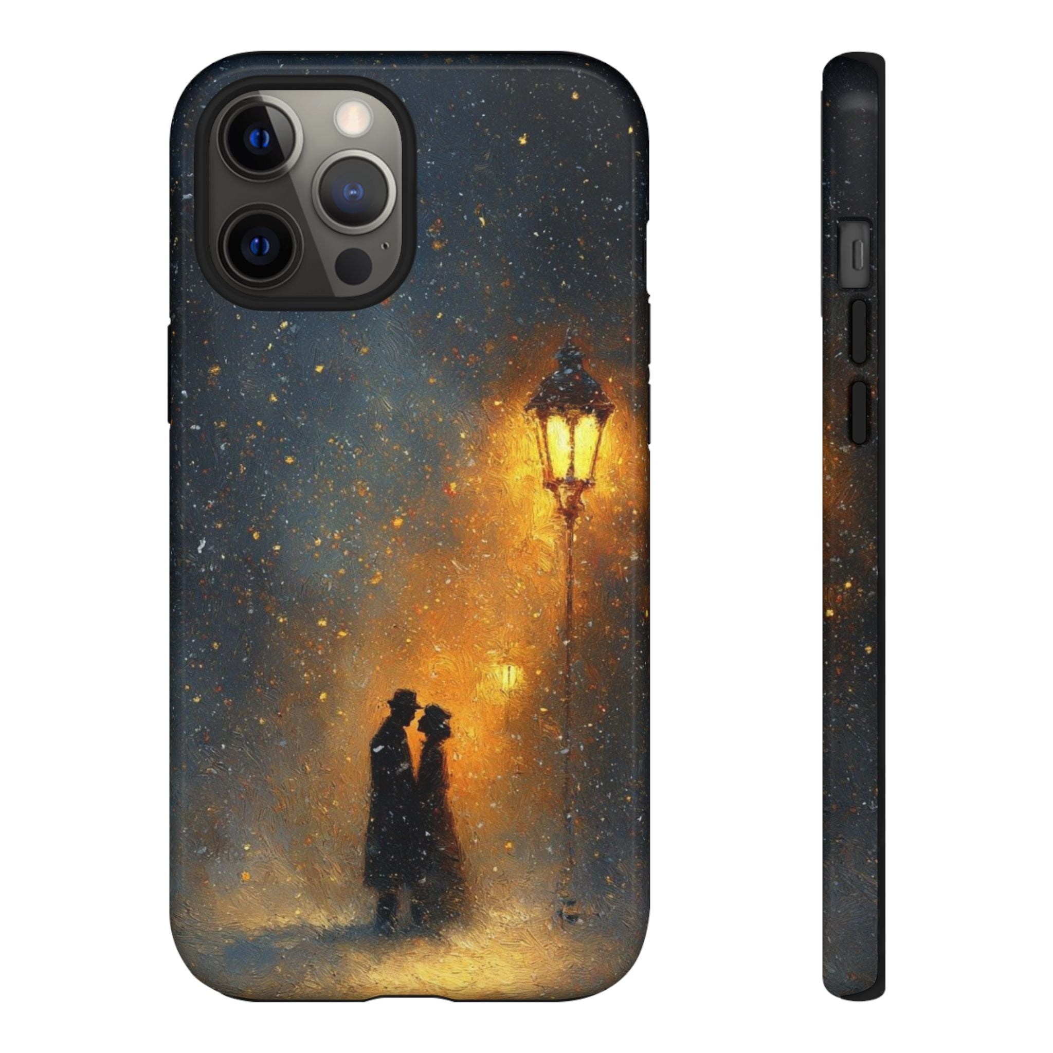 Romantic Snowy Street Phone Case — Vintage Couple Under Lamplight🌓🌙