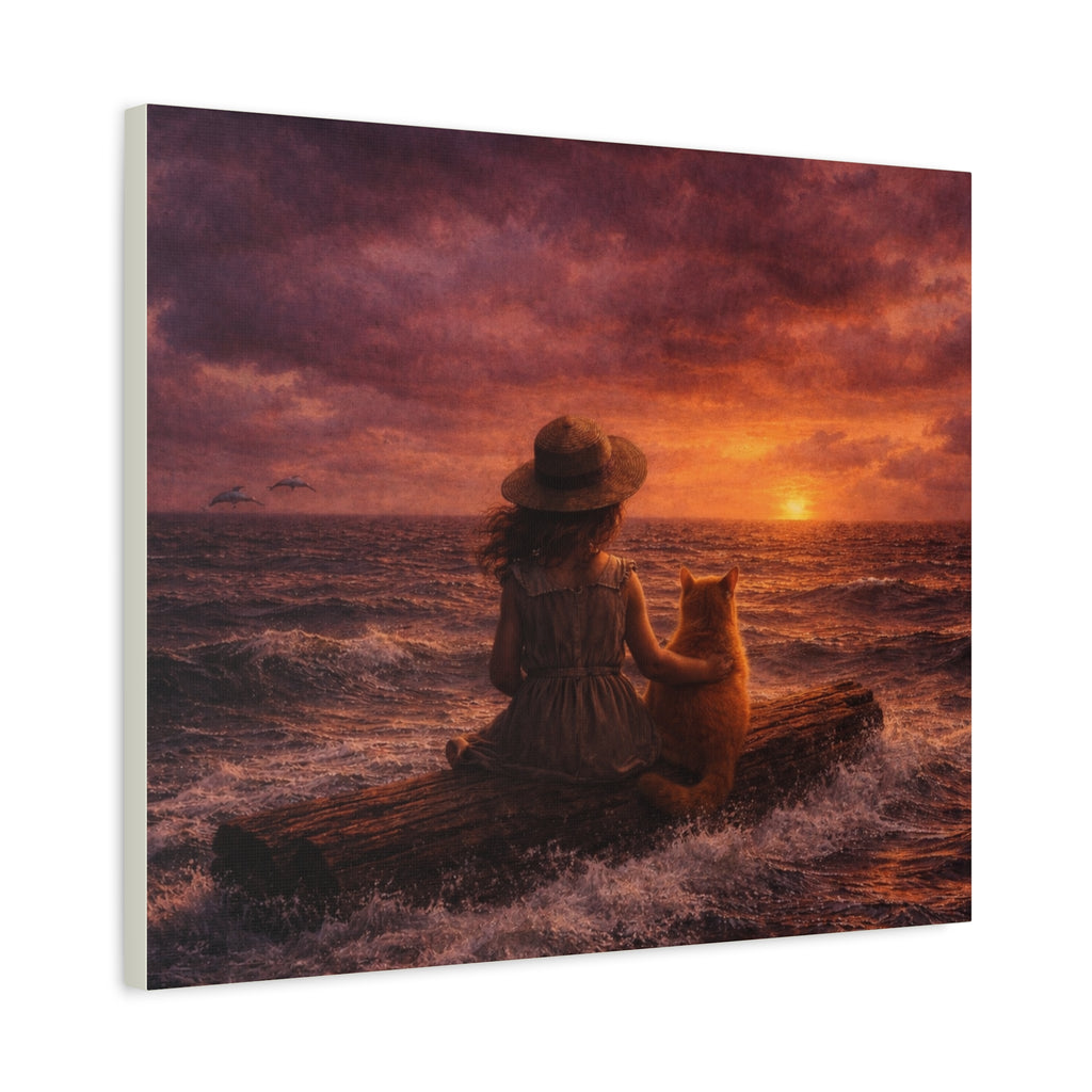 Quiet Companionship at Sunset – Girl & Cat Canvas Wall Art (Matte Stretched) 🌅