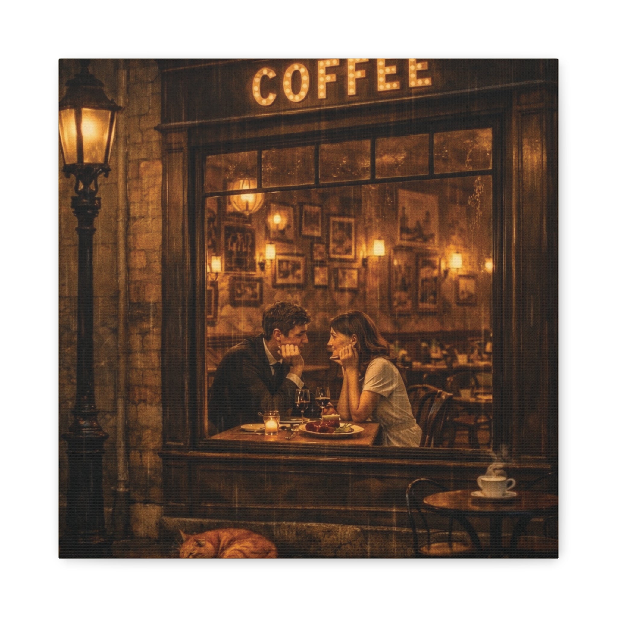 Coffee Shop Romance ☕🌧️ | Vintage Rainy Night Café Canvas Wall Art