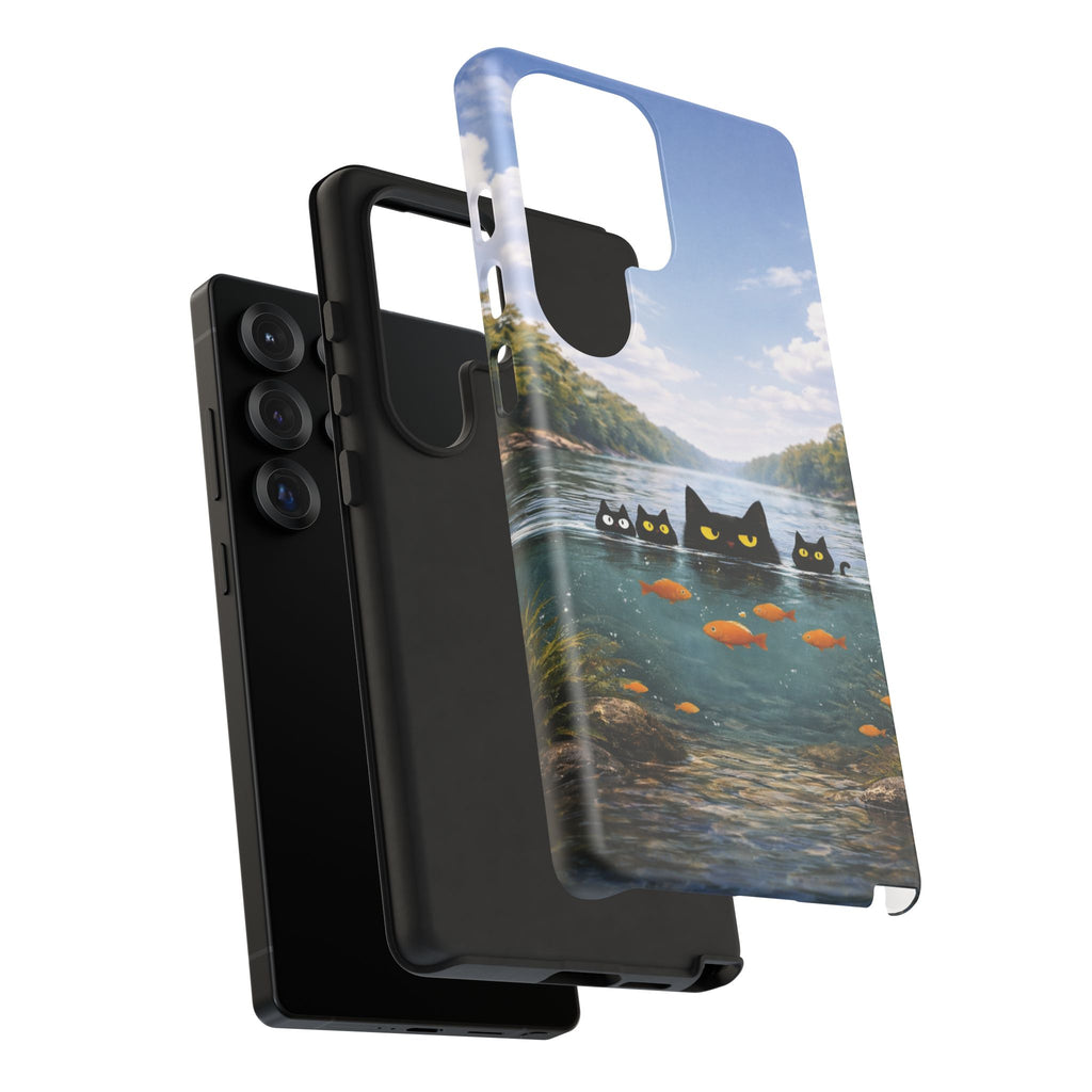 Cat Lake Tough Phone Case — Black Cats & Goldfish Scenic Protective Cover🐶🐾