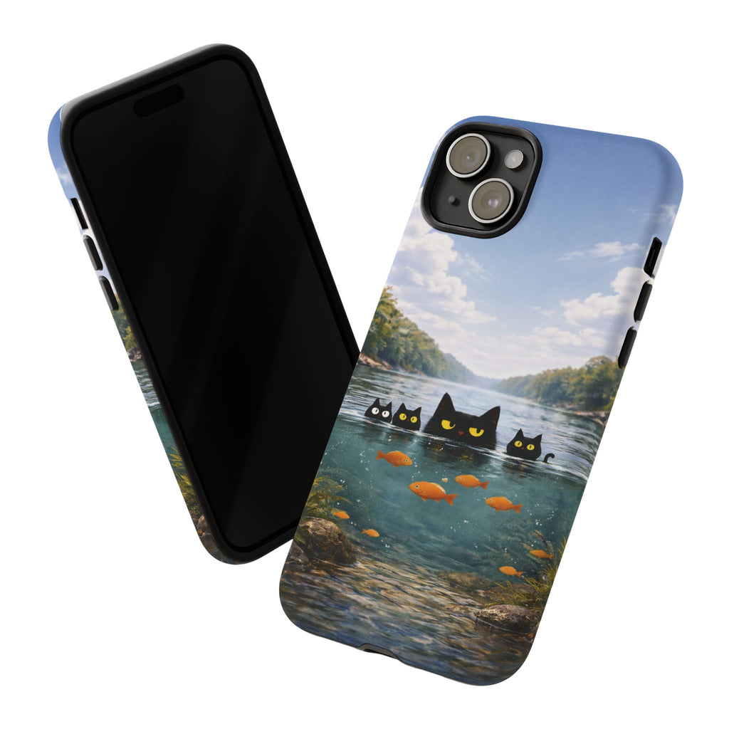 Cat Lake Tough Phone Case — Black Cats & Goldfish Scenic Protective Cover🐶🐾