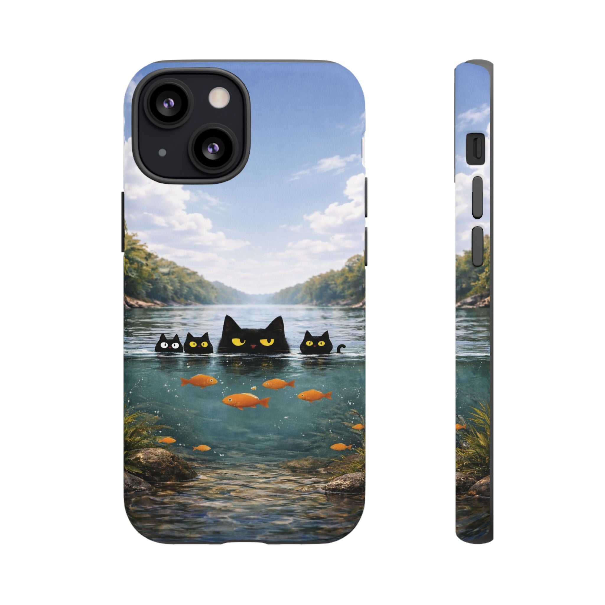 Cat Lake Tough Phone Case — Black Cats & Goldfish Scenic Protective Cover🐶🐾