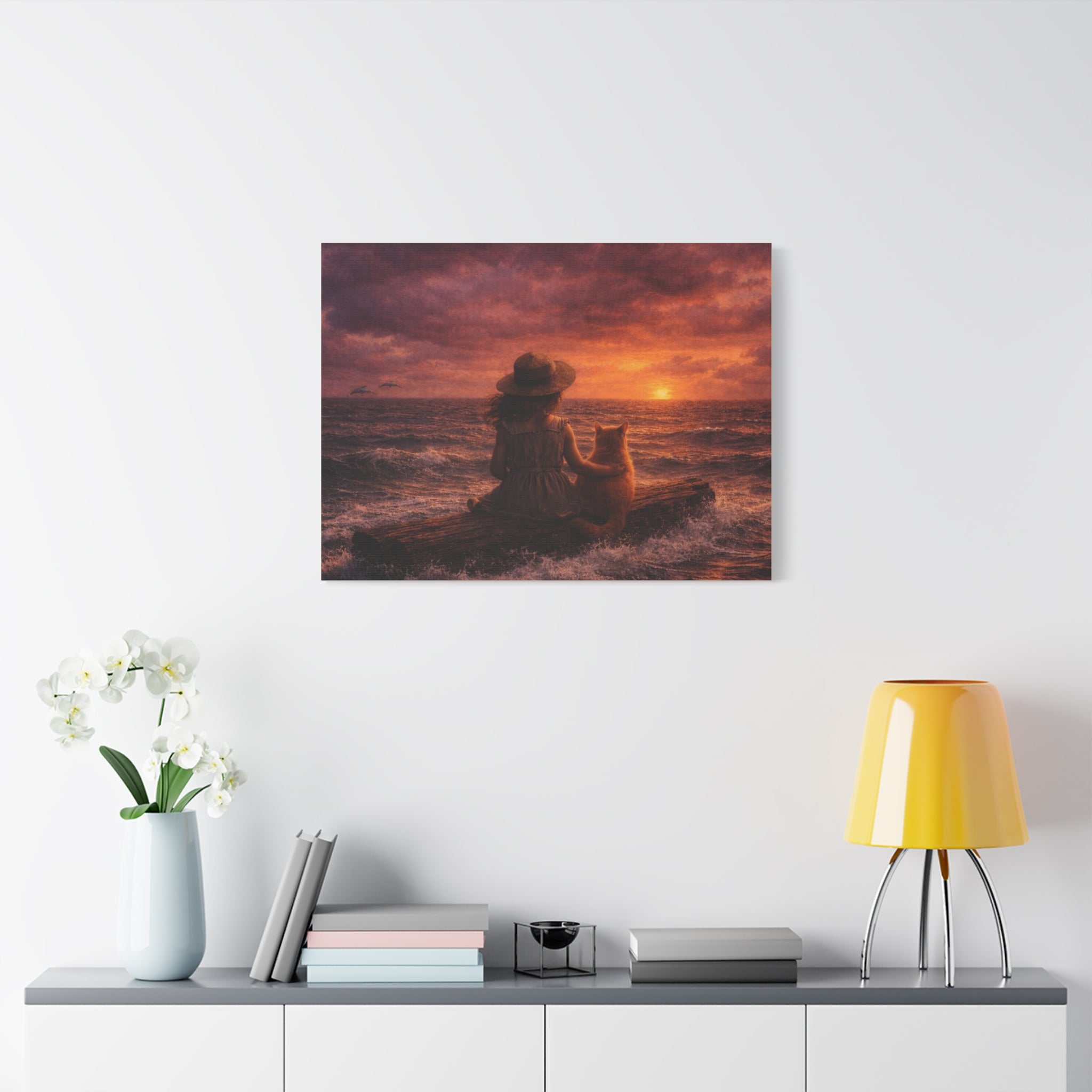 Quiet Companionship at Sunset – Girl & Cat Canvas Wall Art (Matte Stretched) 🌅