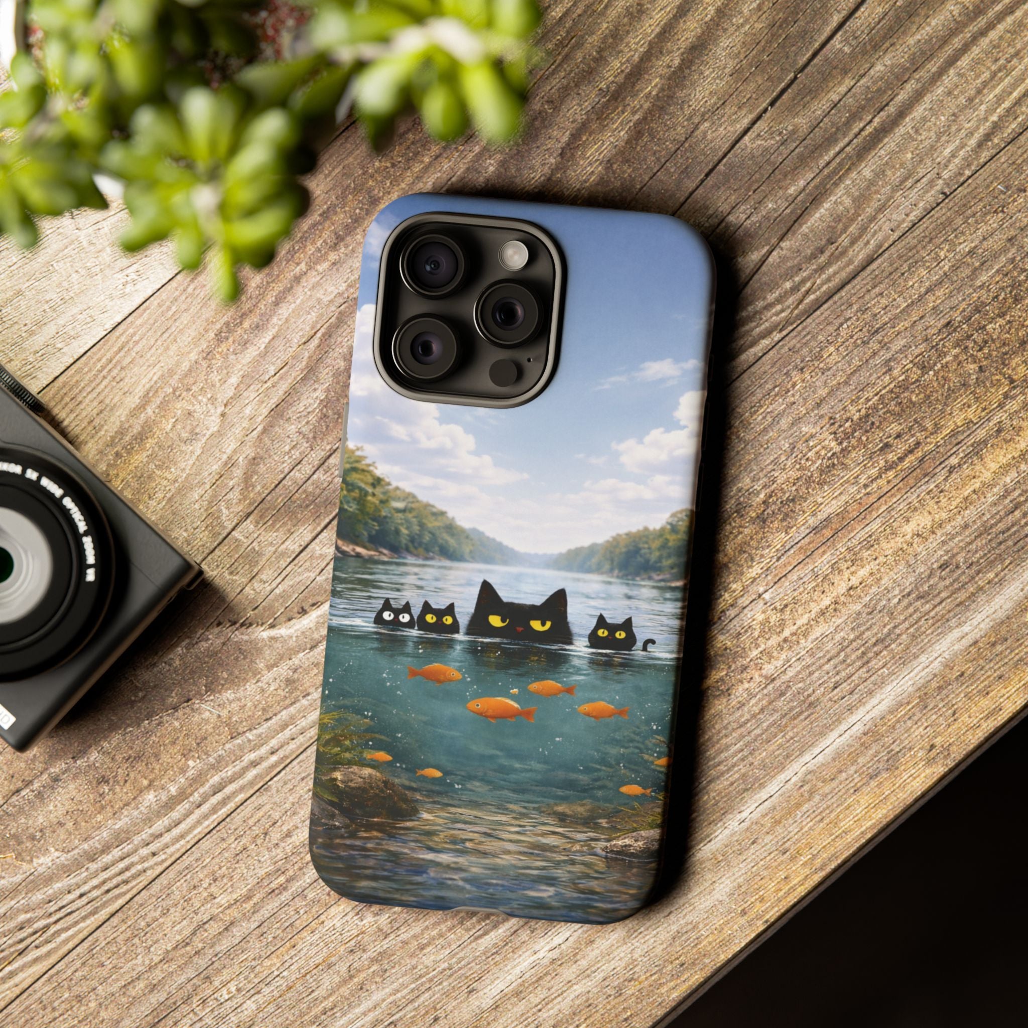 Cat Lake Tough Phone Case — Black Cats & Goldfish Scenic Protective Cover🐶🐾