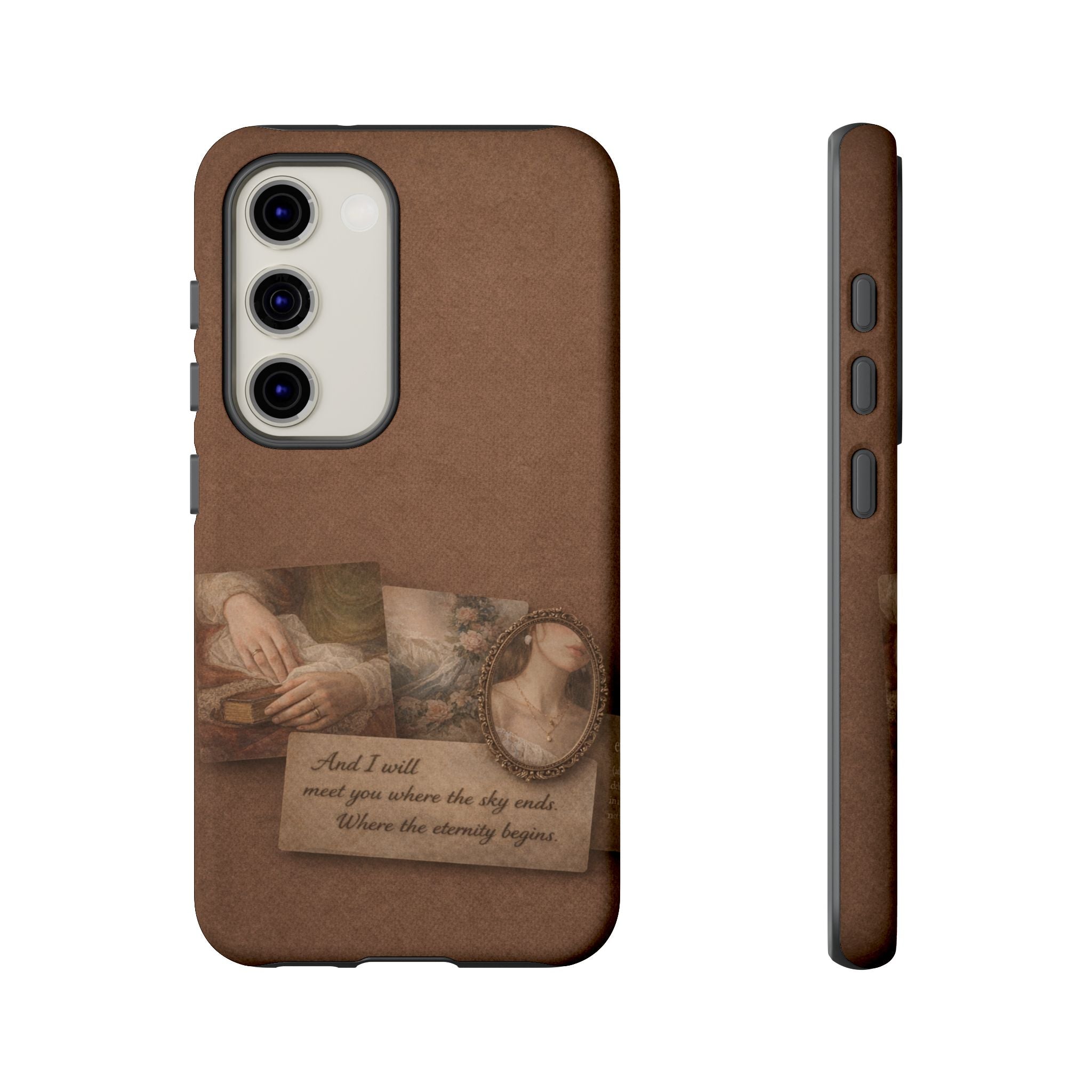 Vintage Brown Phone Case with Romantic Collage — "And I saw you where the sky ends"🌙