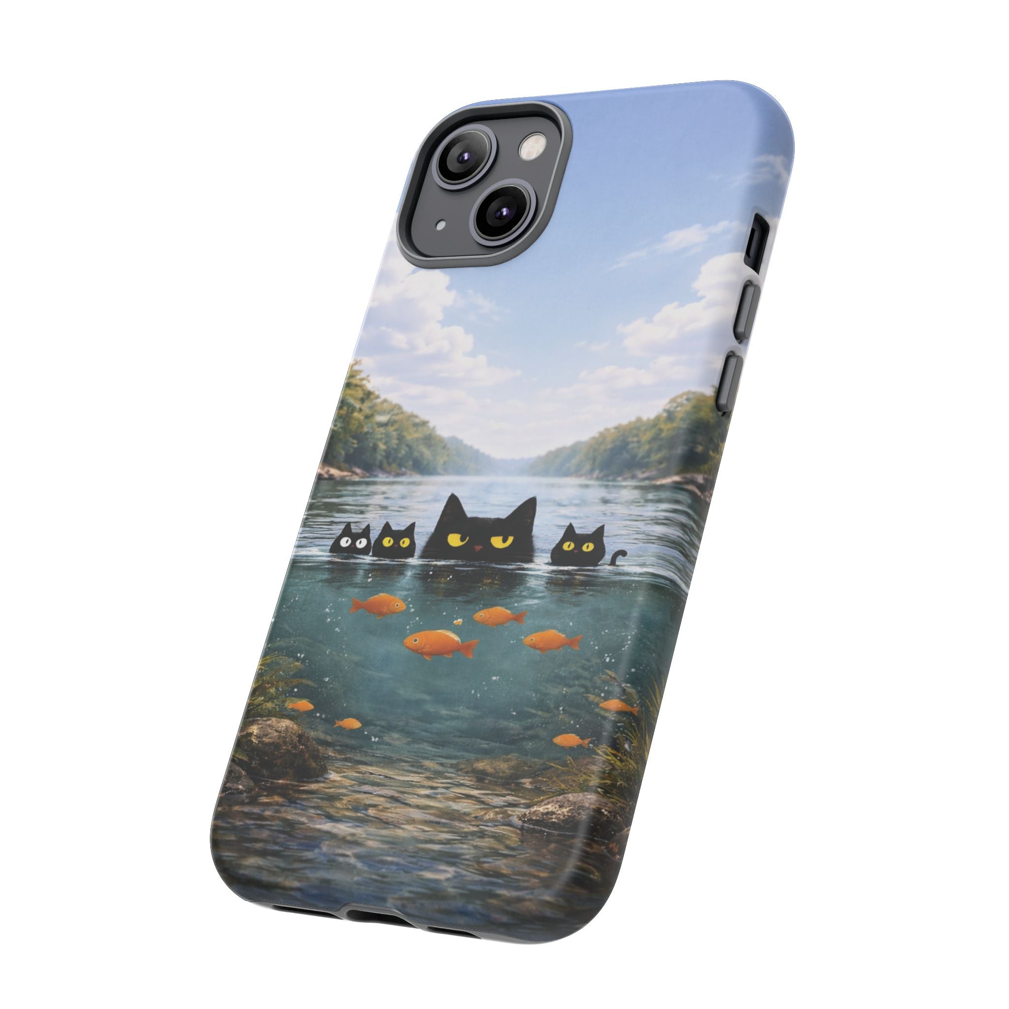 Cat Lake Tough Phone Case — Black Cats & Goldfish Scenic Protective Cover🐶🐾