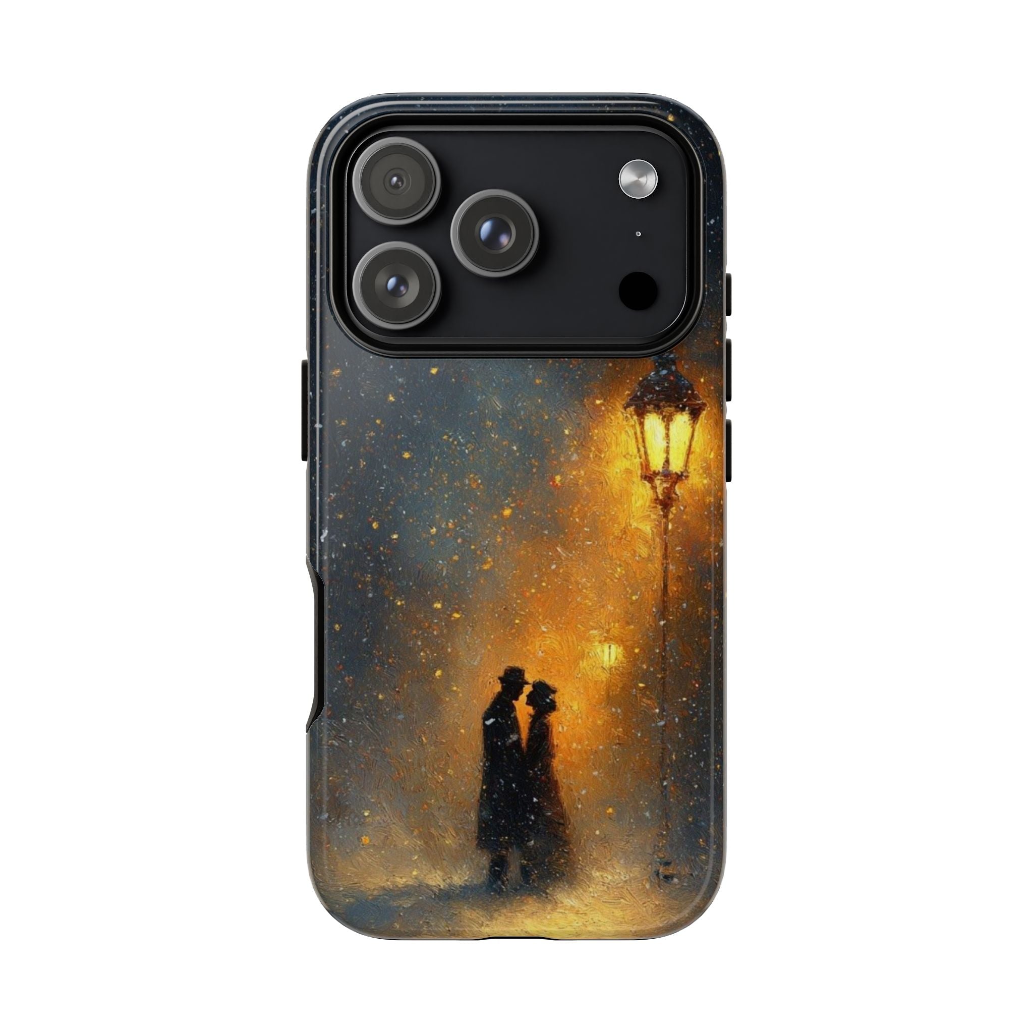 Romantic Snowy Street Phone Case — Vintage Couple Under Lamplight🌓🌙