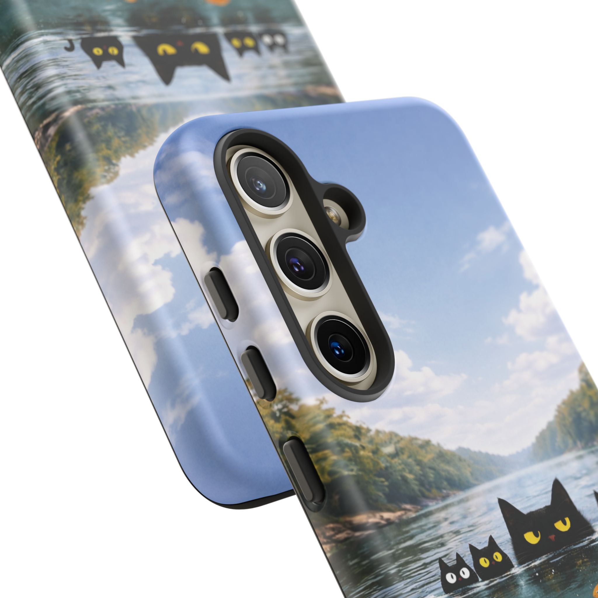 Cat Lake Tough Phone Case — Black Cats & Goldfish Scenic Protective Cover🐶🐾