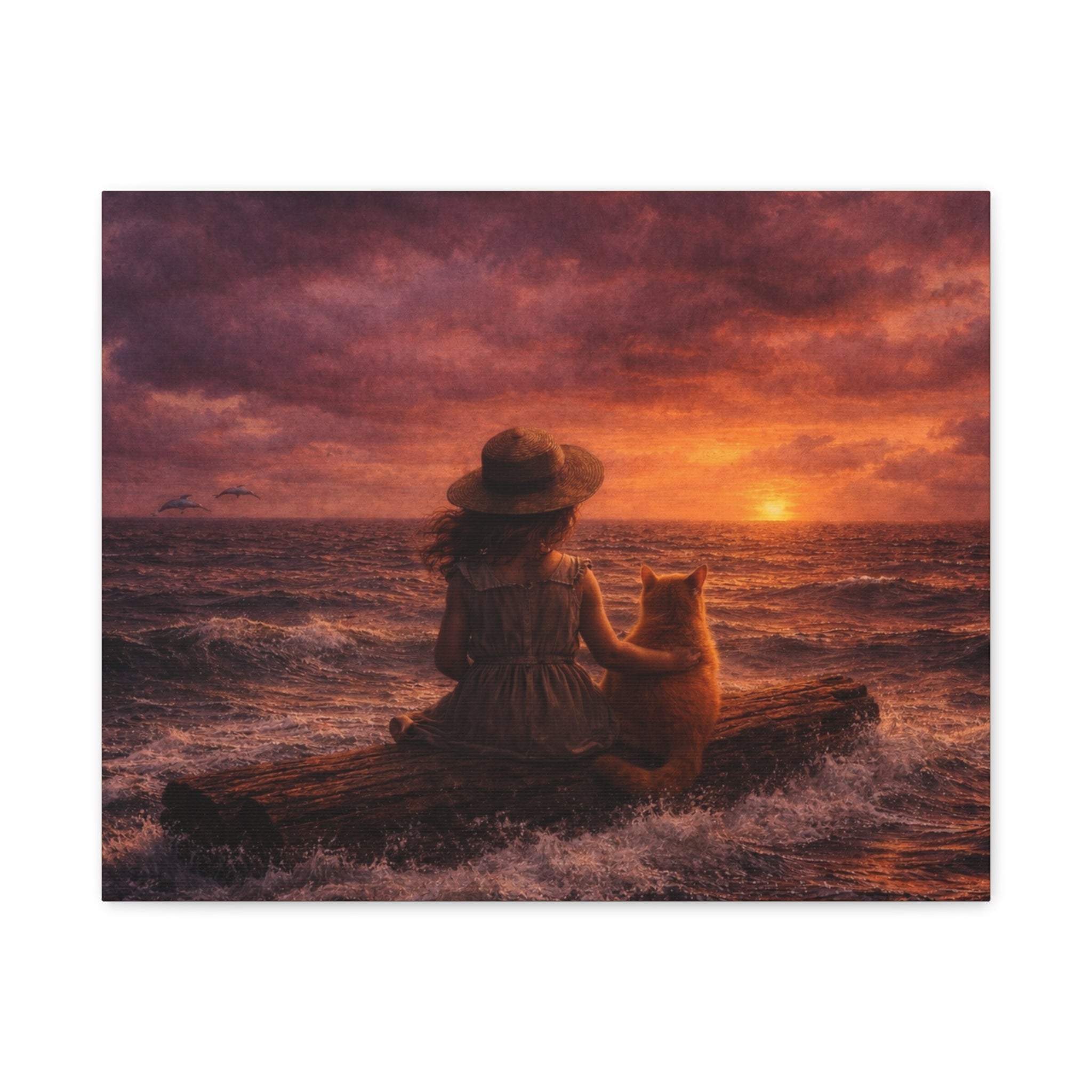 Quiet Companionship at Sunset – Girl & Cat Canvas Wall Art (Matte Stretched) 🌅