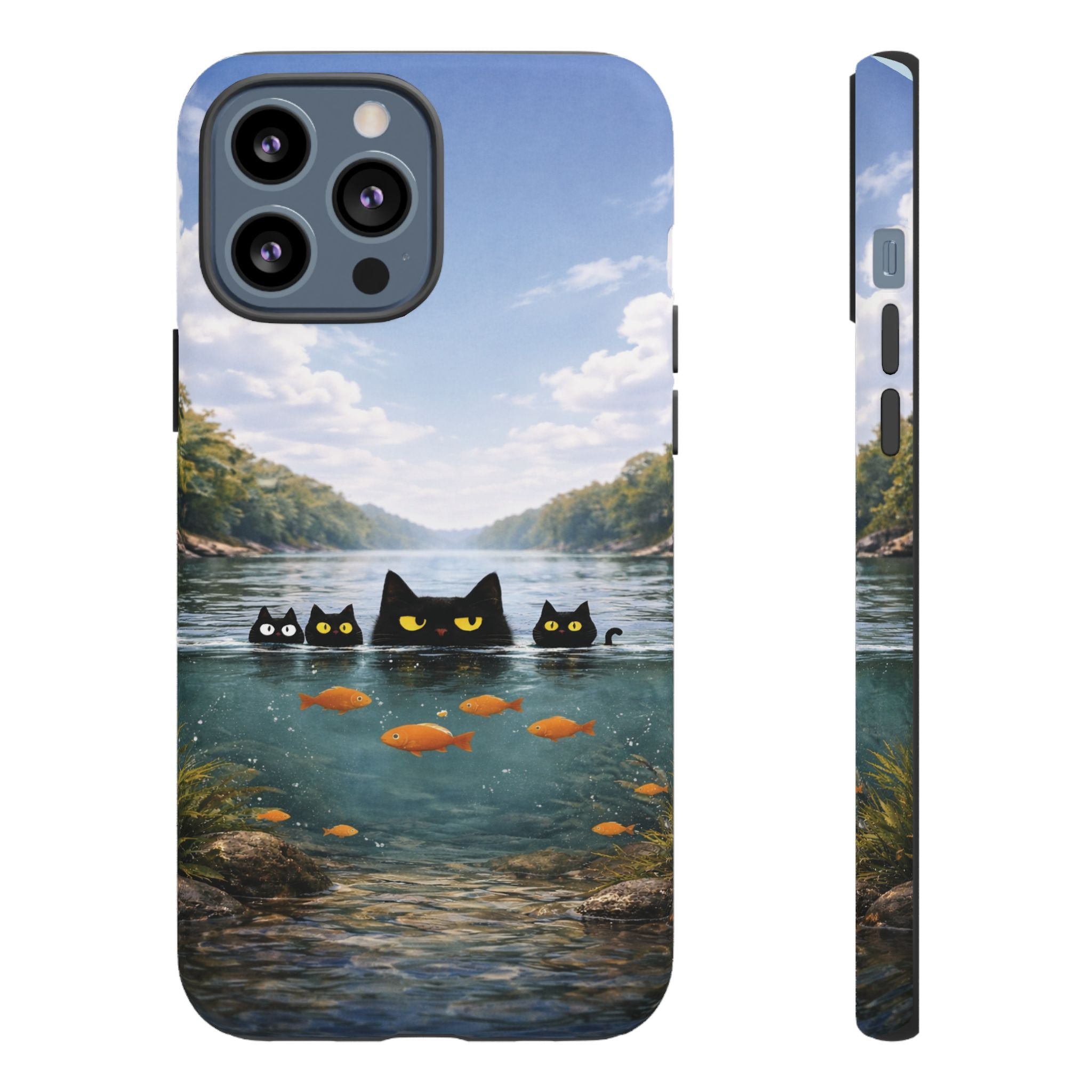 Cat Lake Tough Phone Case — Black Cats & Goldfish Scenic Protective Cover🐶🐾