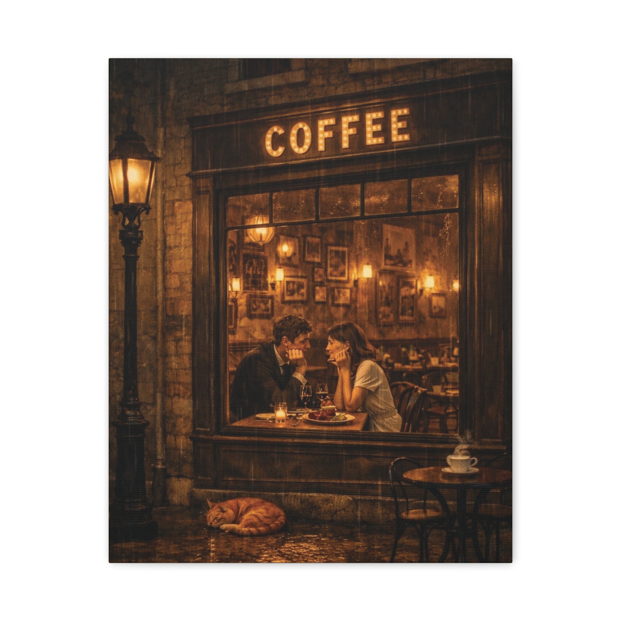 Coffee Shop Romance ☕🌧️ | Vintage Rainy Night Café Canvas Wall Art