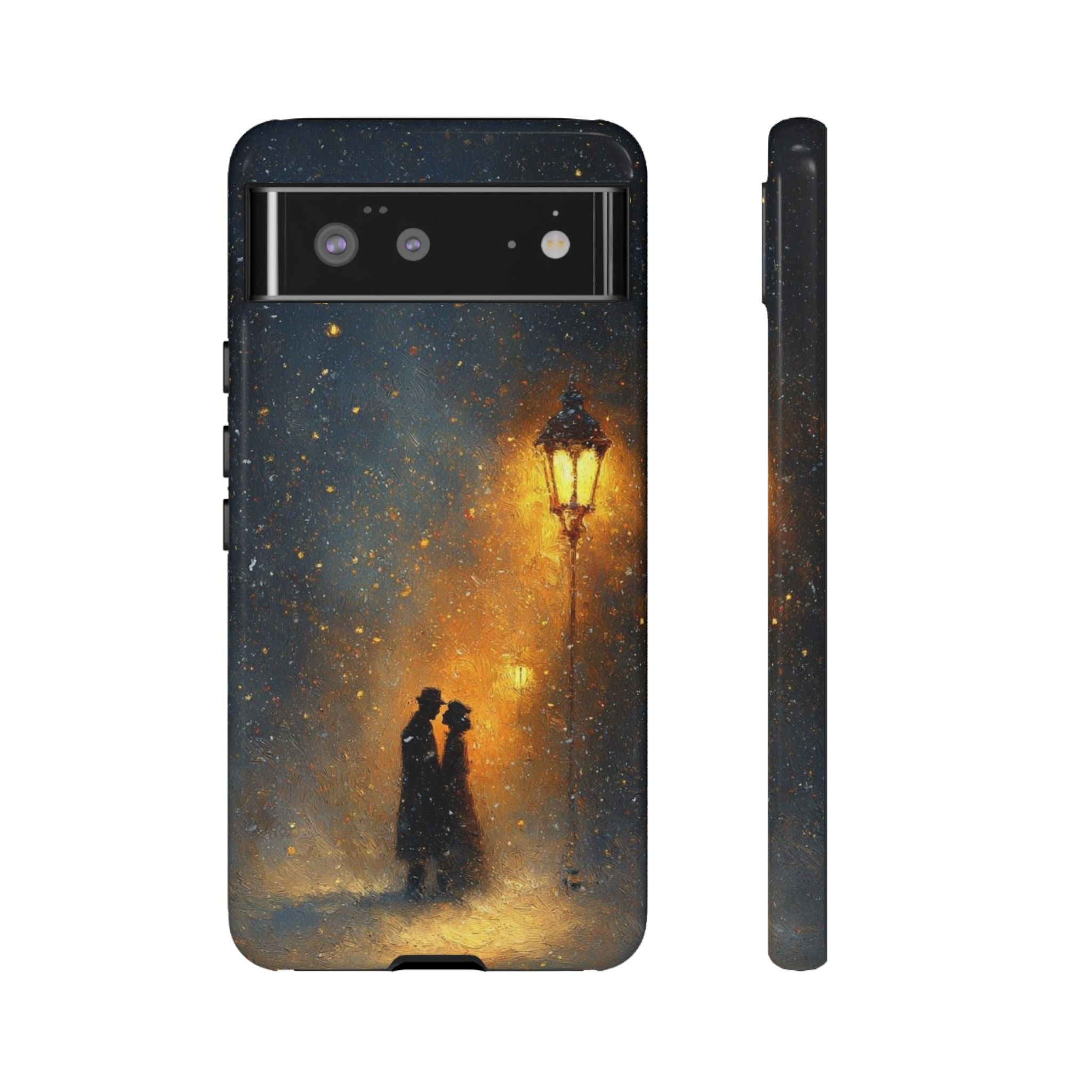 Romantic Snowy Street Phone Case — Vintage Couple Under Lamplight🌓🌙
