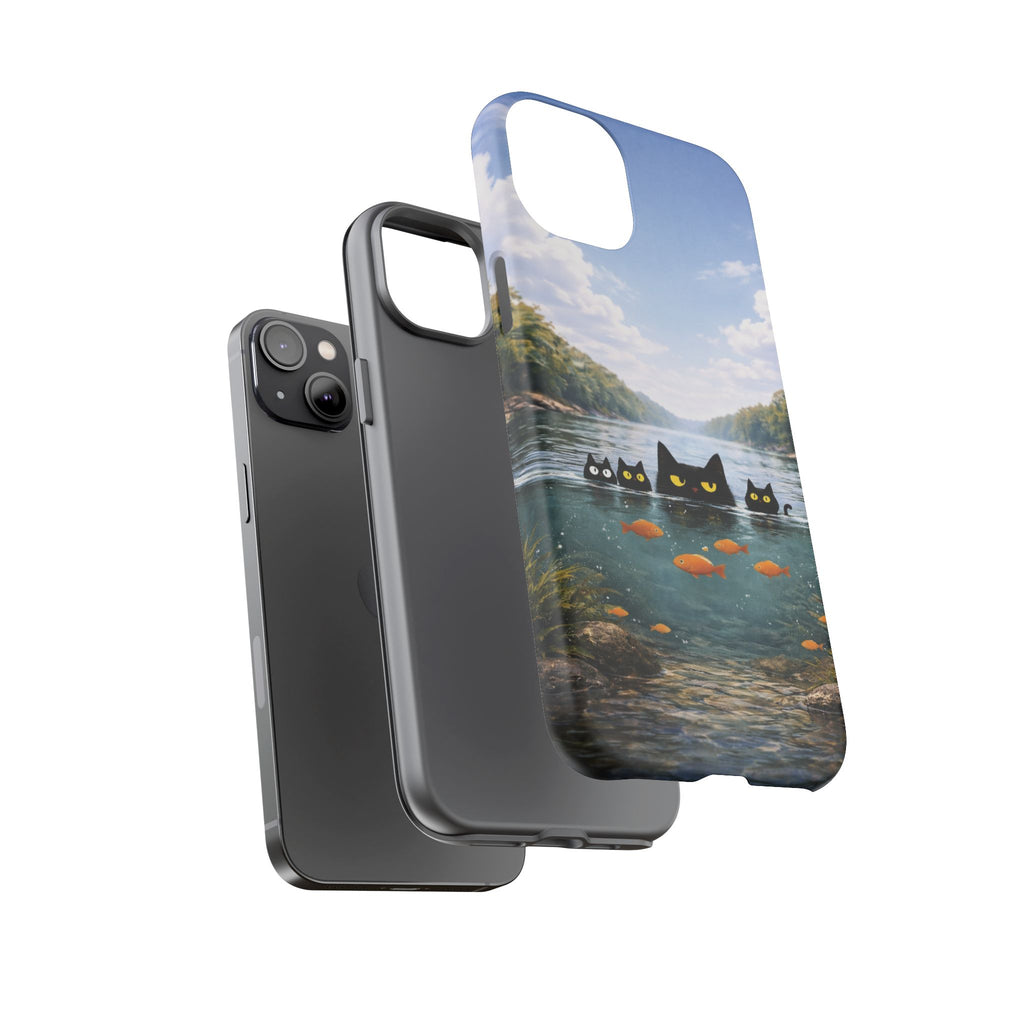Cat Lake Tough Phone Case — Black Cats & Goldfish Scenic Protective Cover🐶🐾