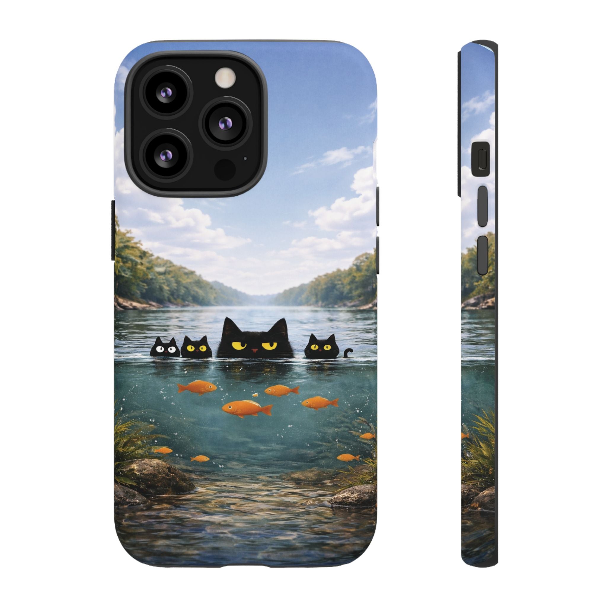 Cat Lake Tough Phone Case — Black Cats & Goldfish Scenic Protective Cover🐶🐾