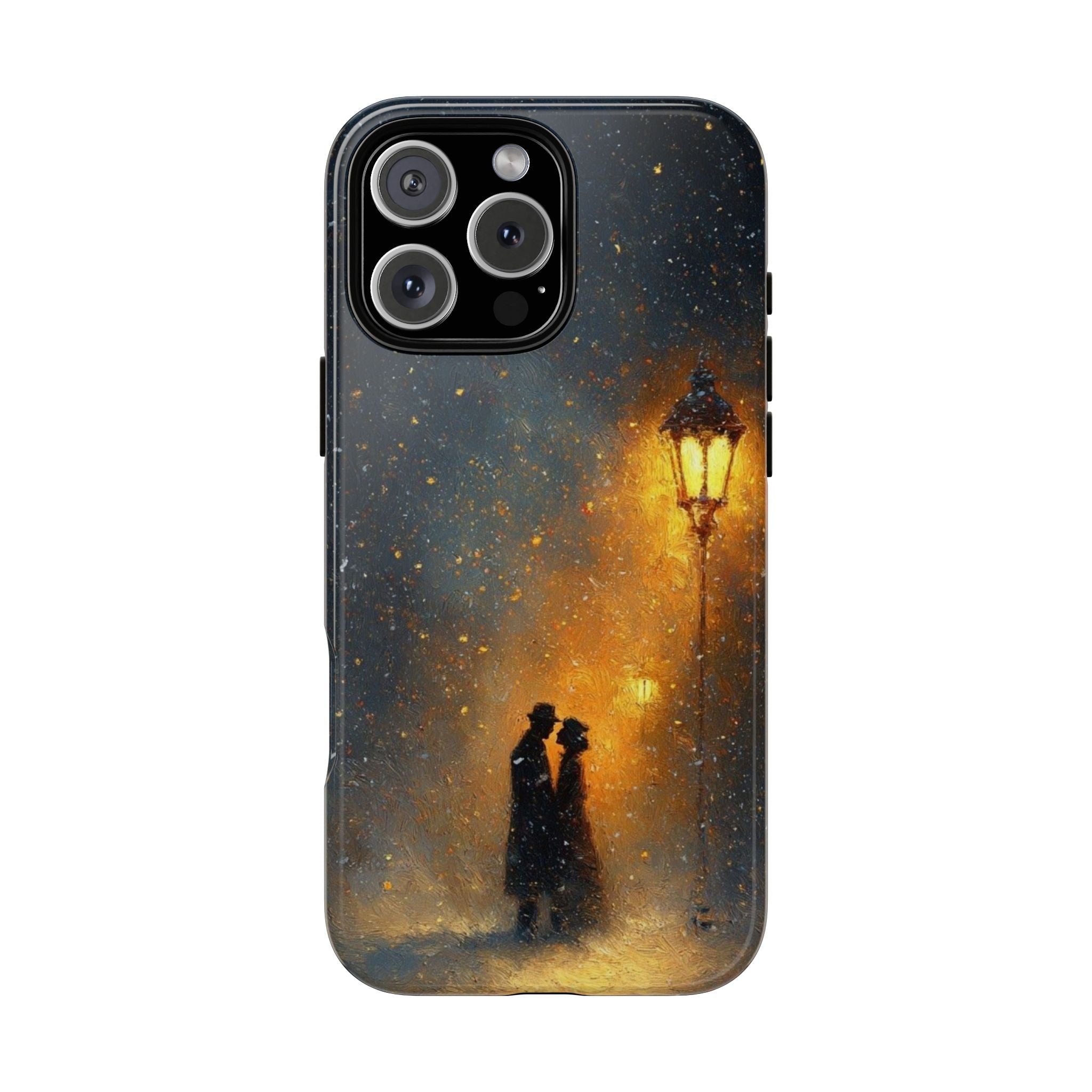 Romantic Snowy Street Phone Case — Vintage Couple Under Lamplight🌓🌙