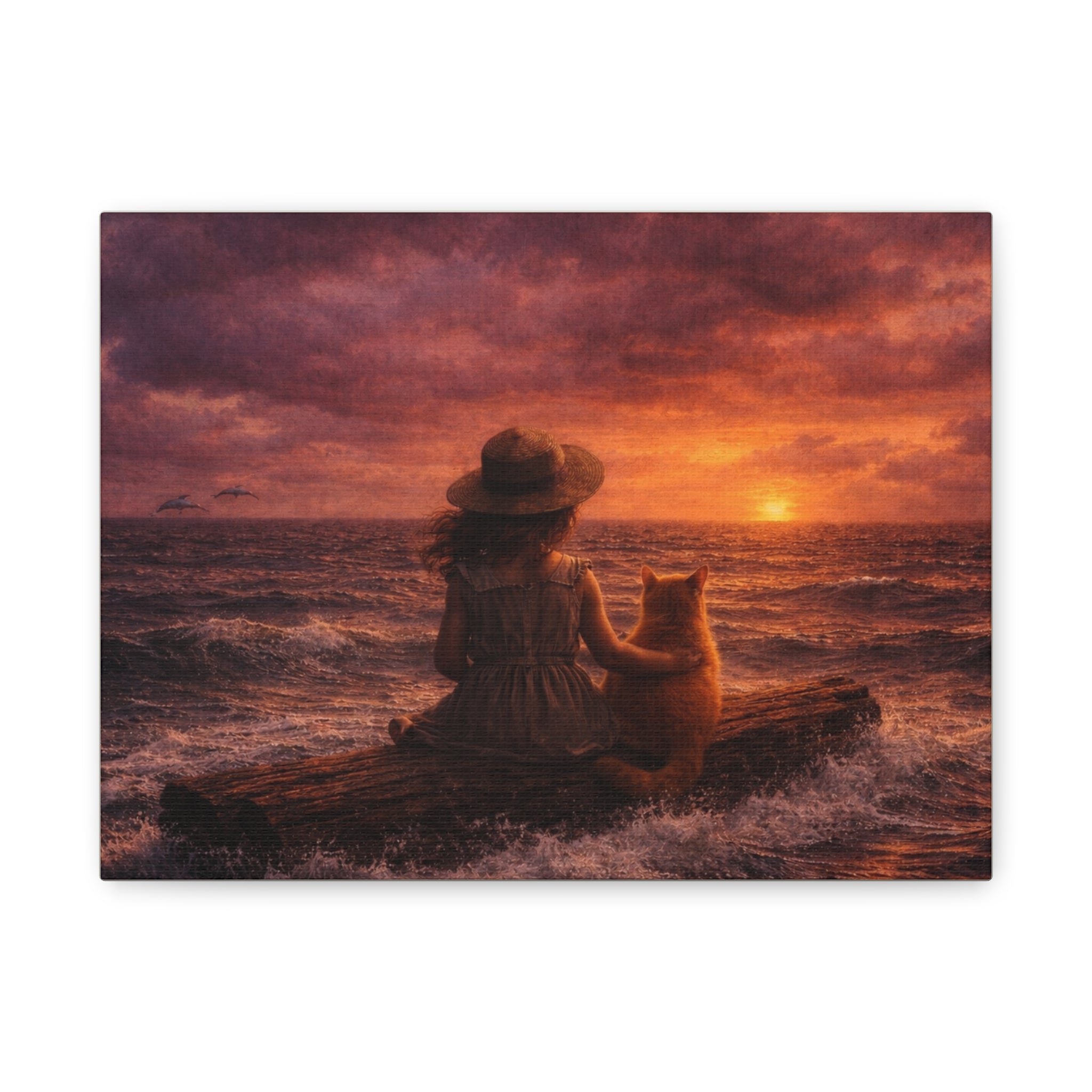Quiet Companionship at Sunset – Girl & Cat Canvas Wall Art (Matte Stretched) 🌅