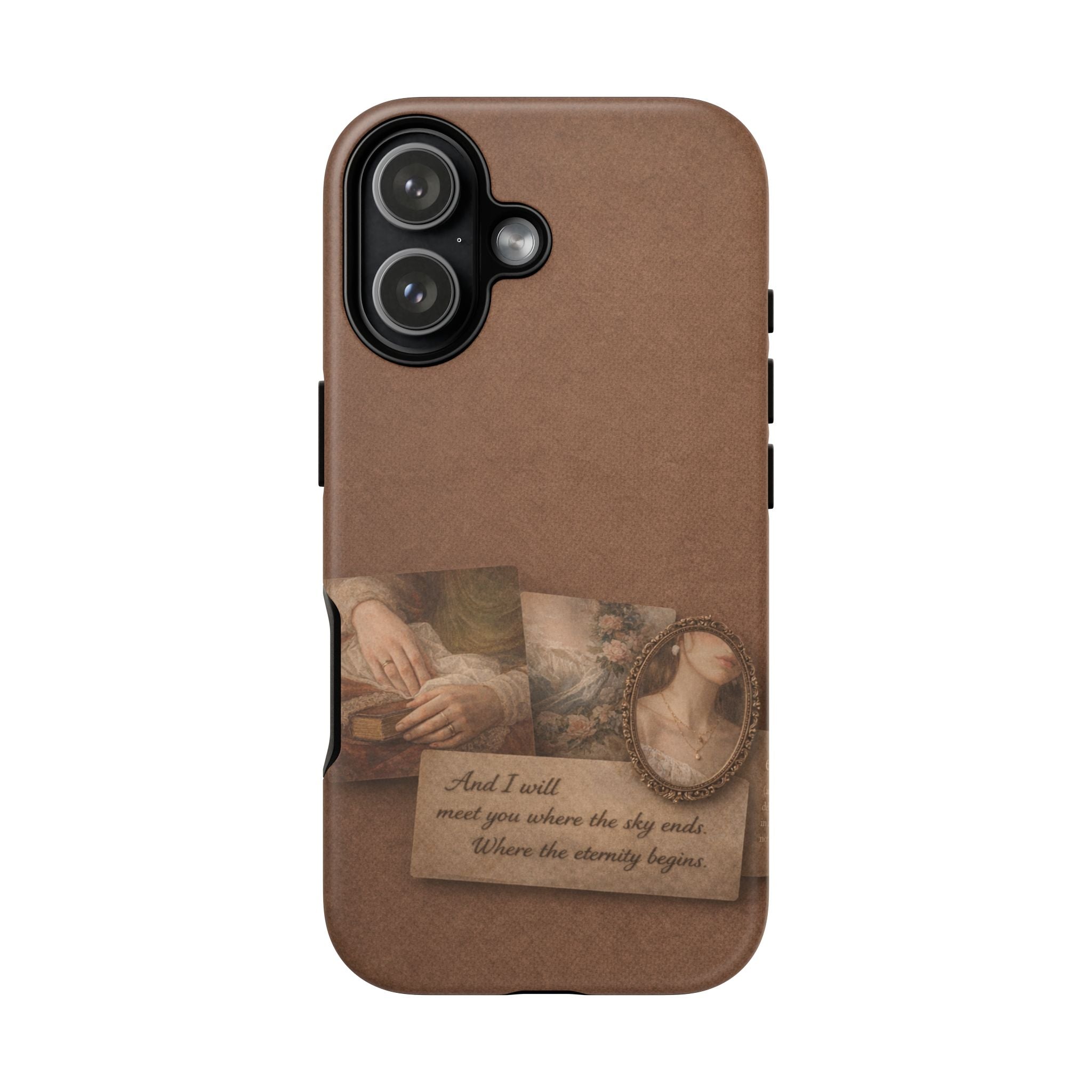 Vintage Brown Phone Case with Romantic Collage — "And I saw you where the sky ends"🌙