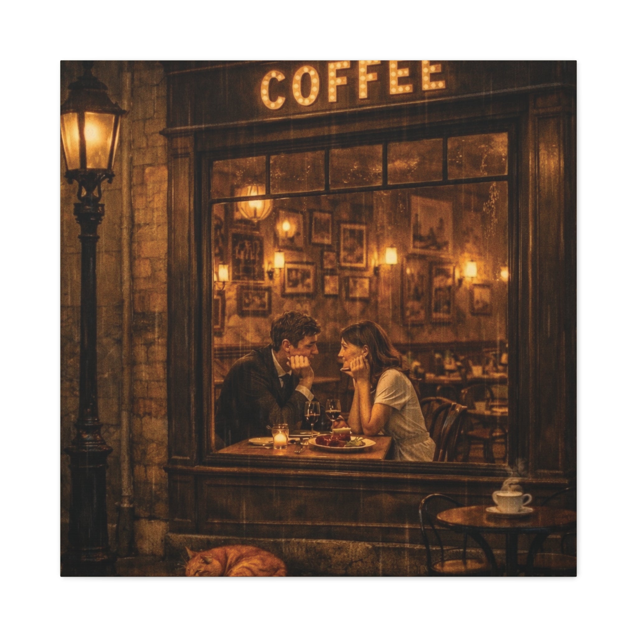 Coffee Shop Romance ☕🌧️ | Vintage Rainy Night Café Canvas Wall Art