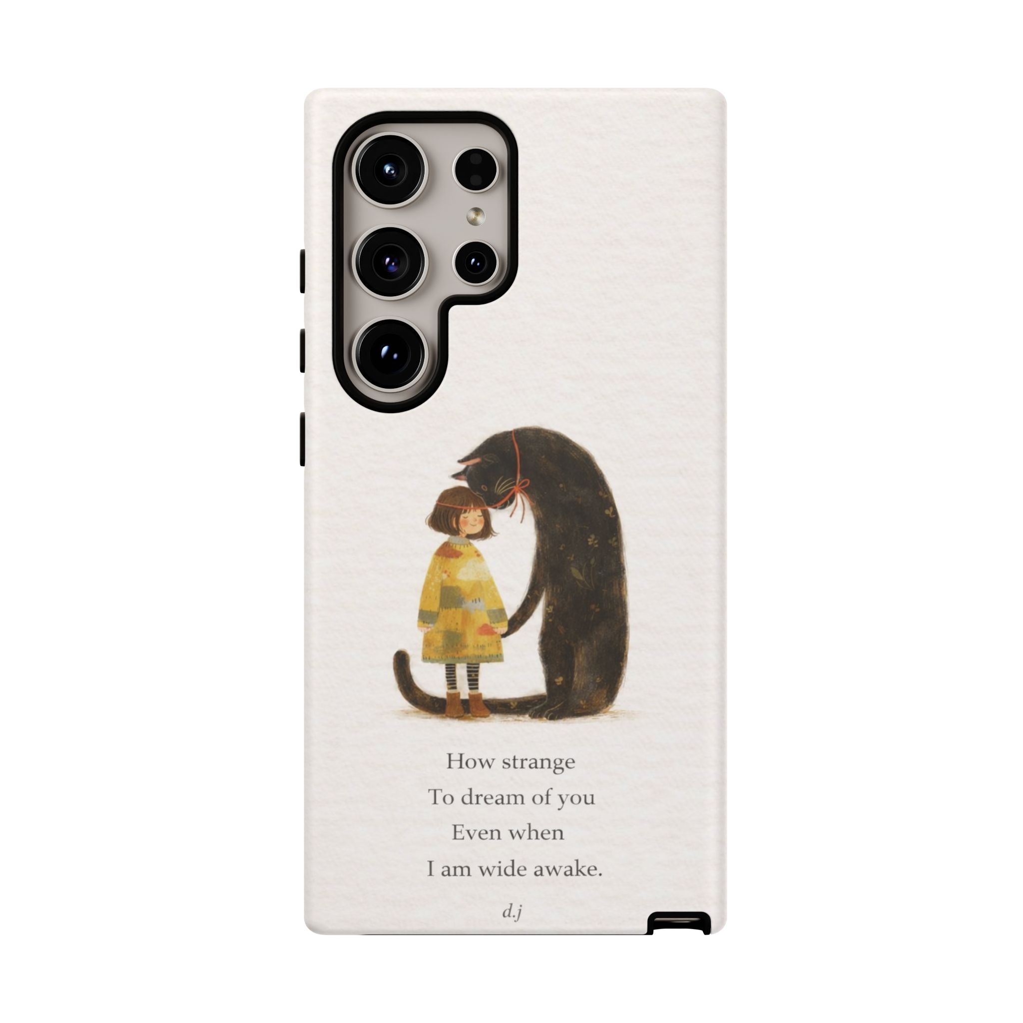Phone Case — Whimsical Cat Embrace with Poem: "How strange to dream of you"👩‍💼🐈‍⬛