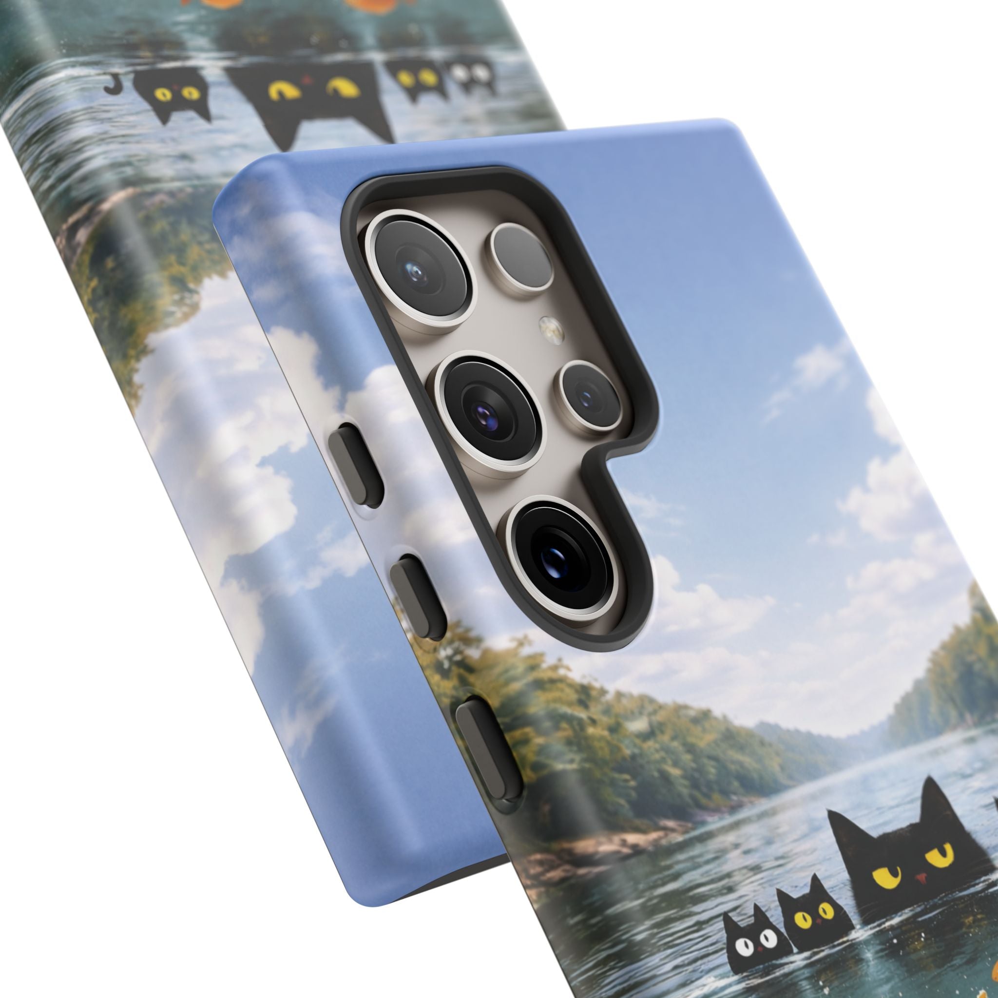 Cat Lake Tough Phone Case — Black Cats & Goldfish Scenic Protective Cover🐶🐾