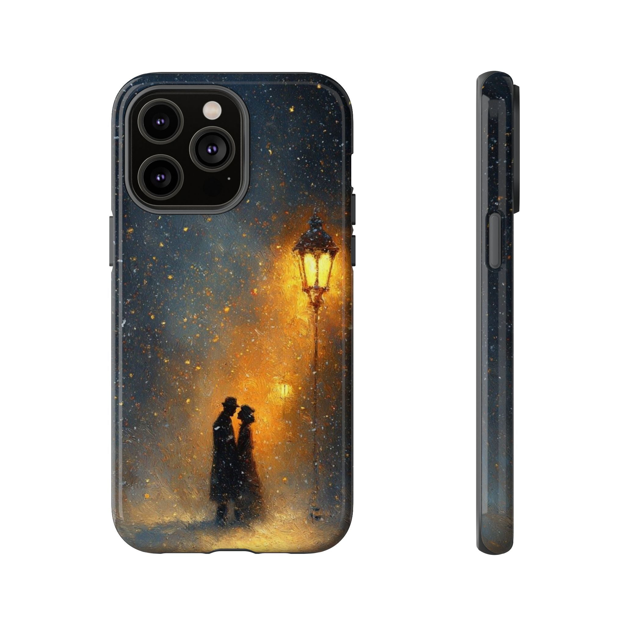 Romantic Snowy Street Phone Case — Vintage Couple Under Lamplight🌓🌙