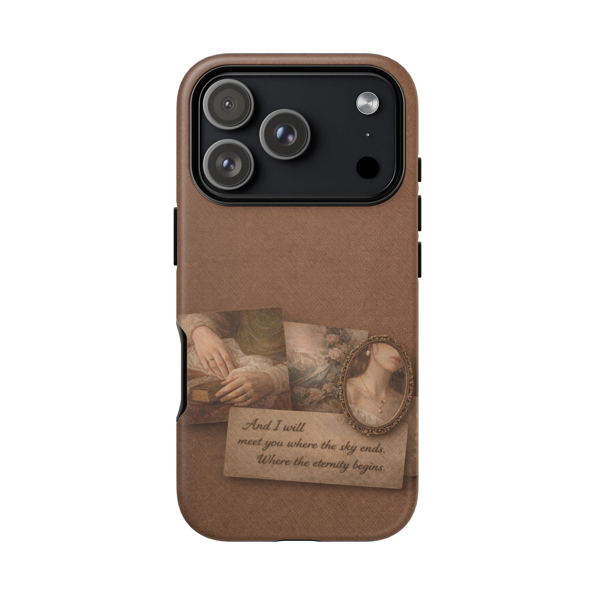 Vintage Brown Phone Case with Romantic Collage — "And I saw you where the sky ends"🌙