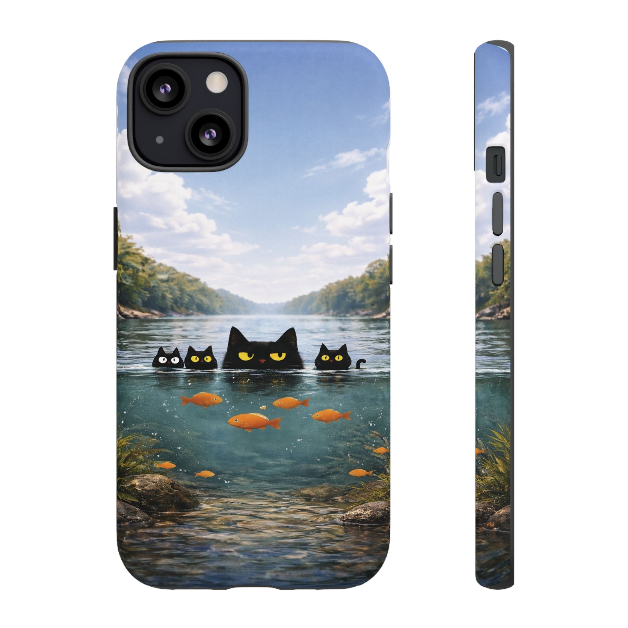 Cat Lake Tough Phone Case — Black Cats & Goldfish Scenic Protective Cover🐶🐾