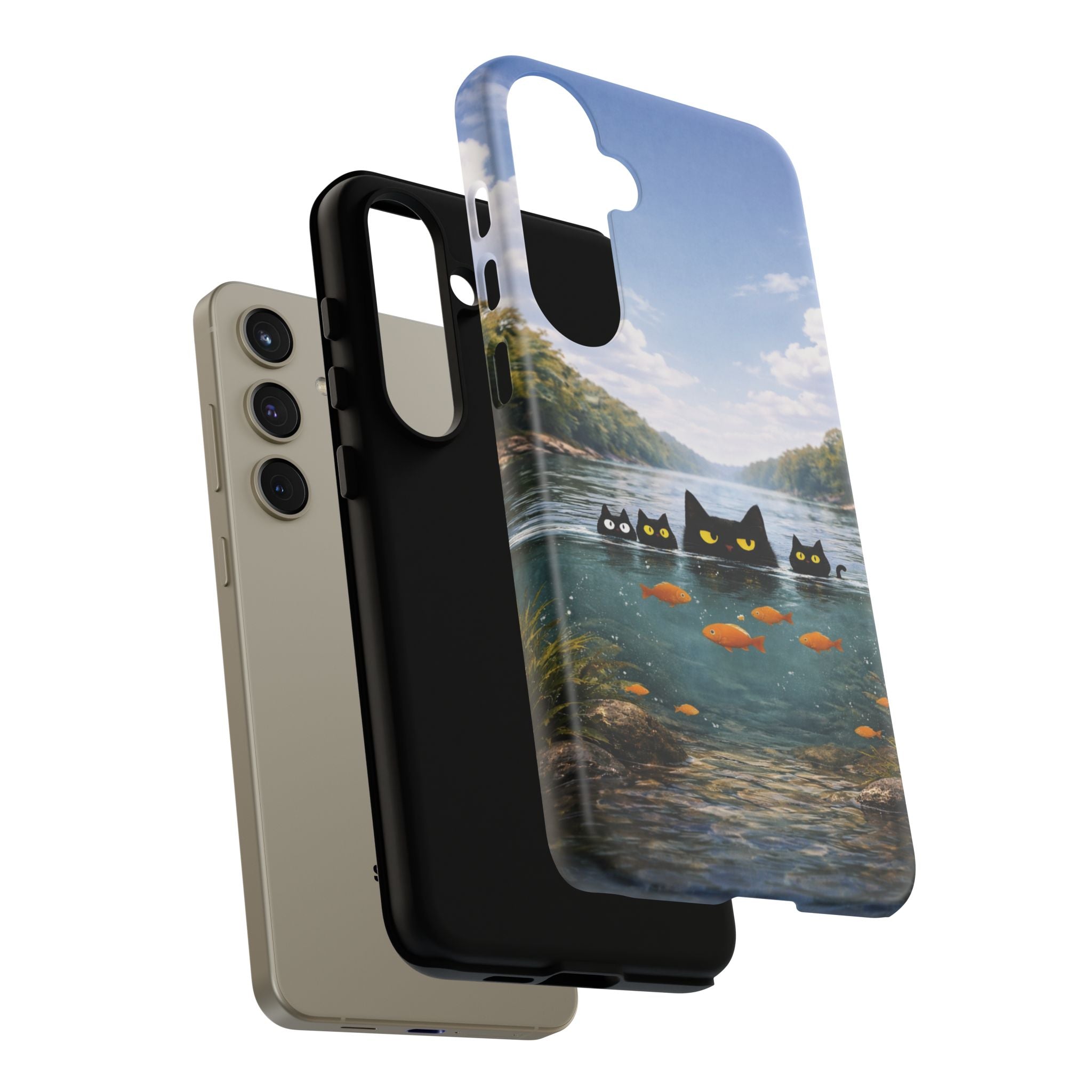 Cat Lake Tough Phone Case — Black Cats & Goldfish Scenic Protective Cover🐶🐾