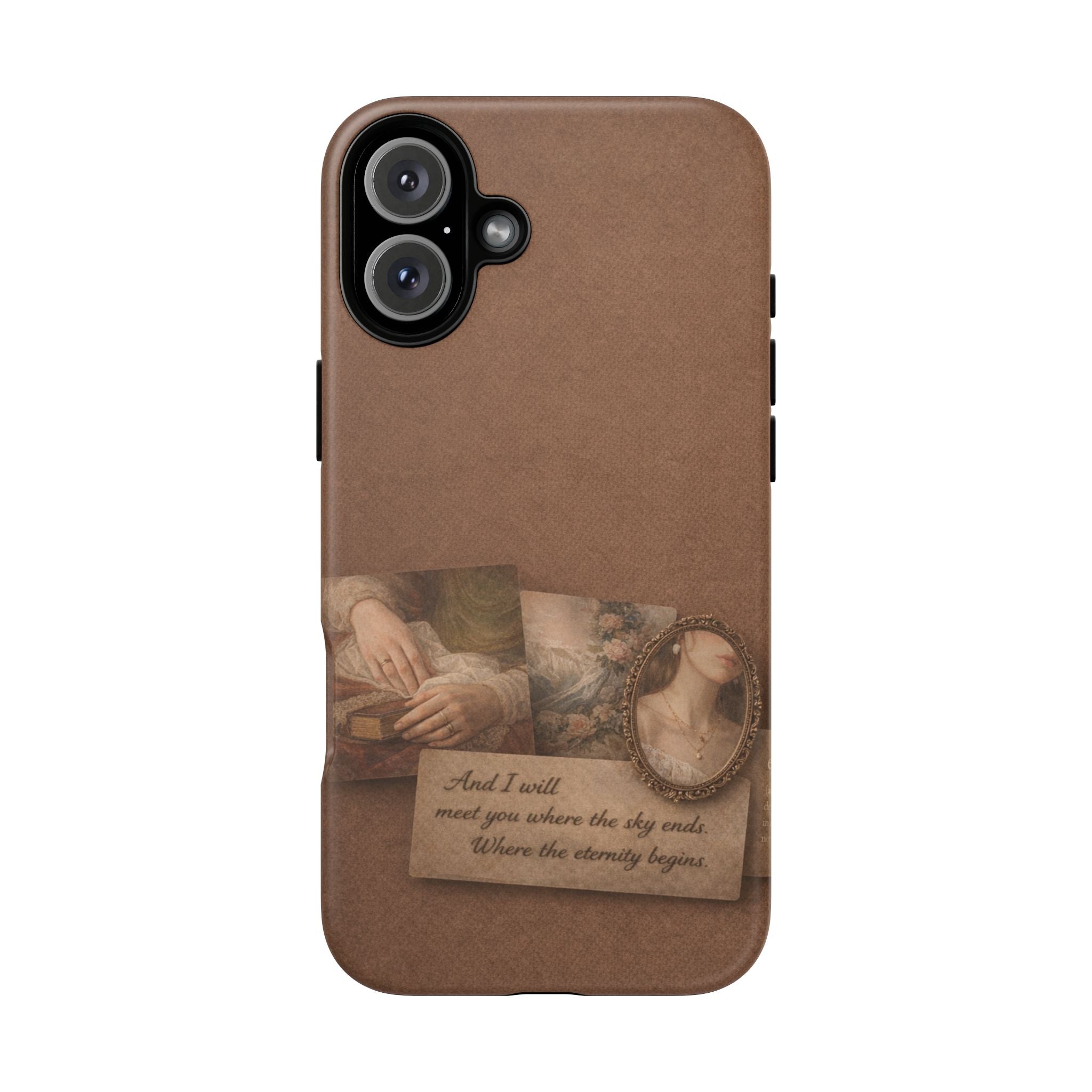 Vintage Brown Phone Case with Romantic Collage — "And I saw you where the sky ends"🌙