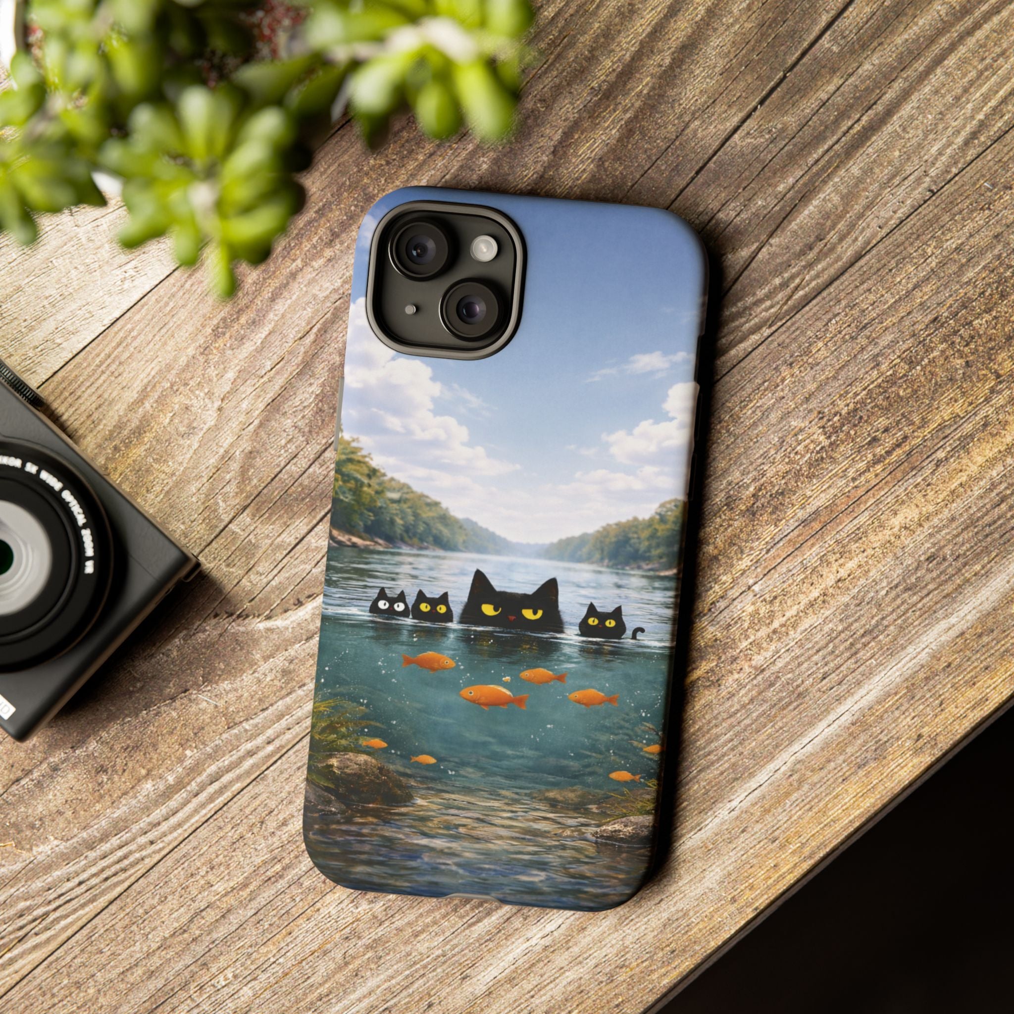 Cat Lake Tough Phone Case — Black Cats & Goldfish Scenic Protective Cover🐶🐾