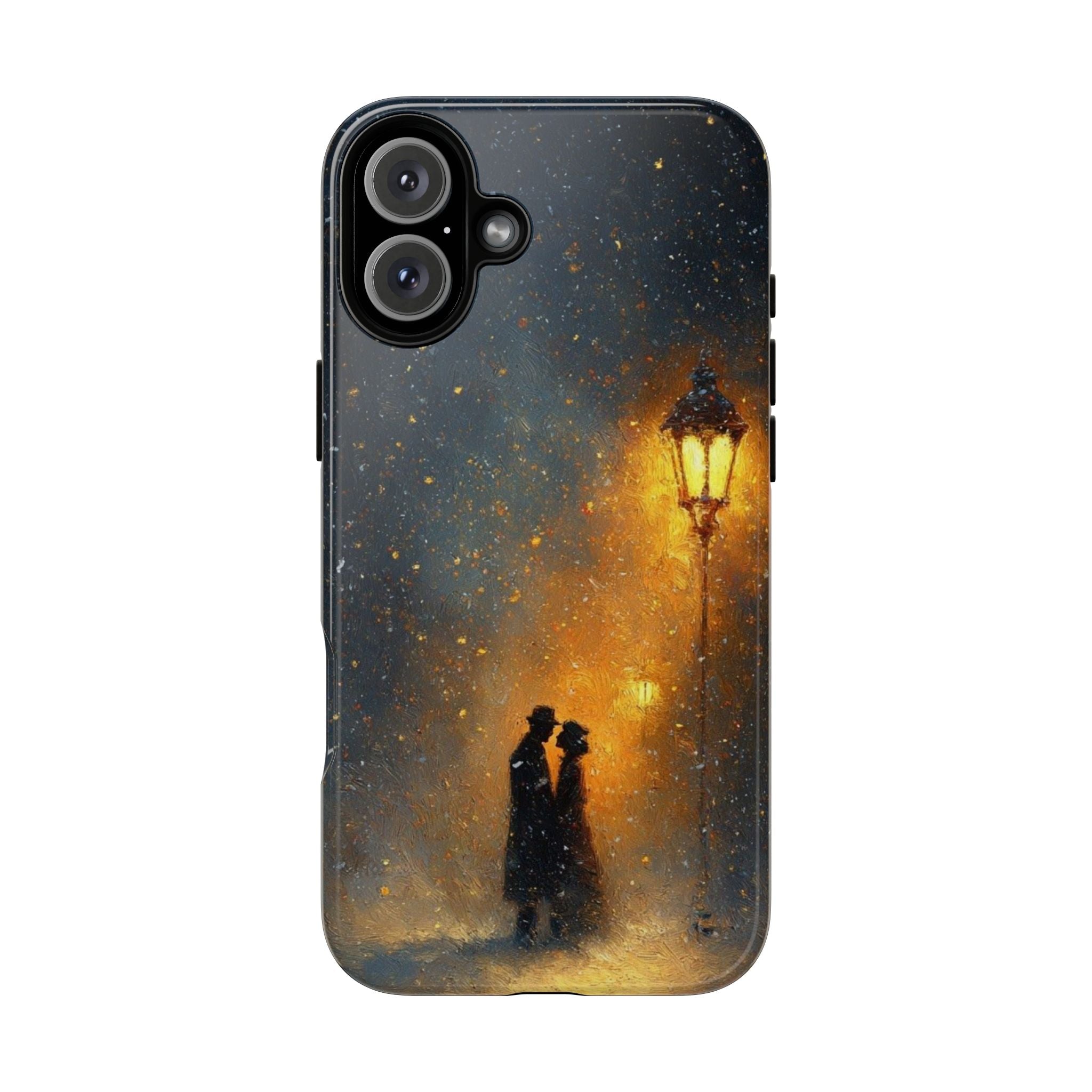 Romantic Snowy Street Phone Case — Vintage Couple Under Lamplight🌓🌙
