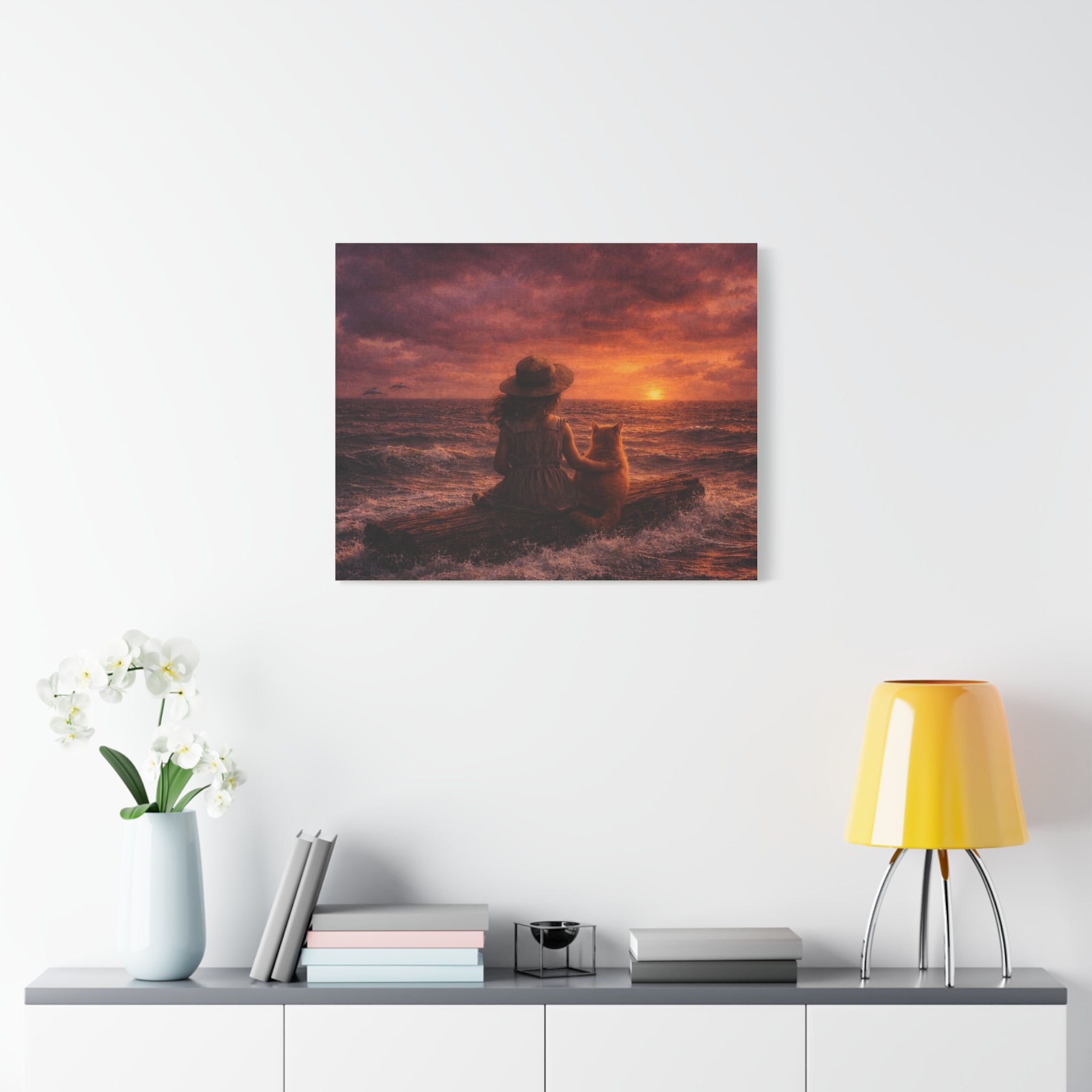 Quiet Companionship at Sunset – Girl & Cat Canvas Wall Art (Matte Stretched) 🌅