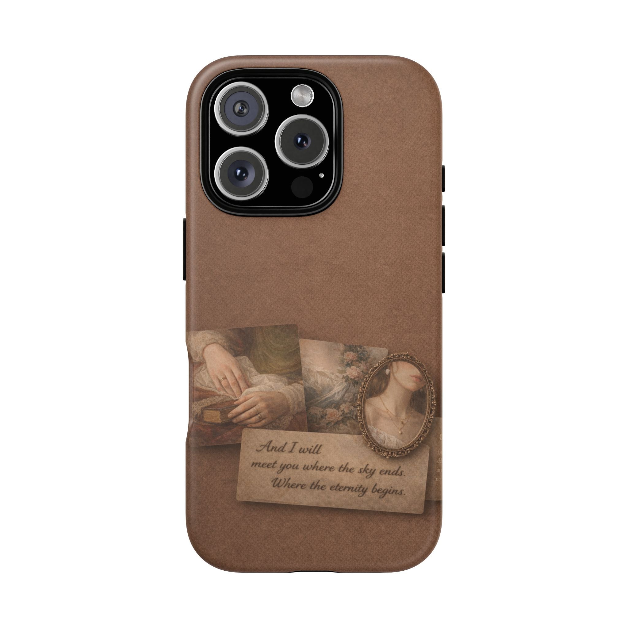 Vintage Brown Phone Case with Romantic Collage — "And I saw you where the sky ends"🌙