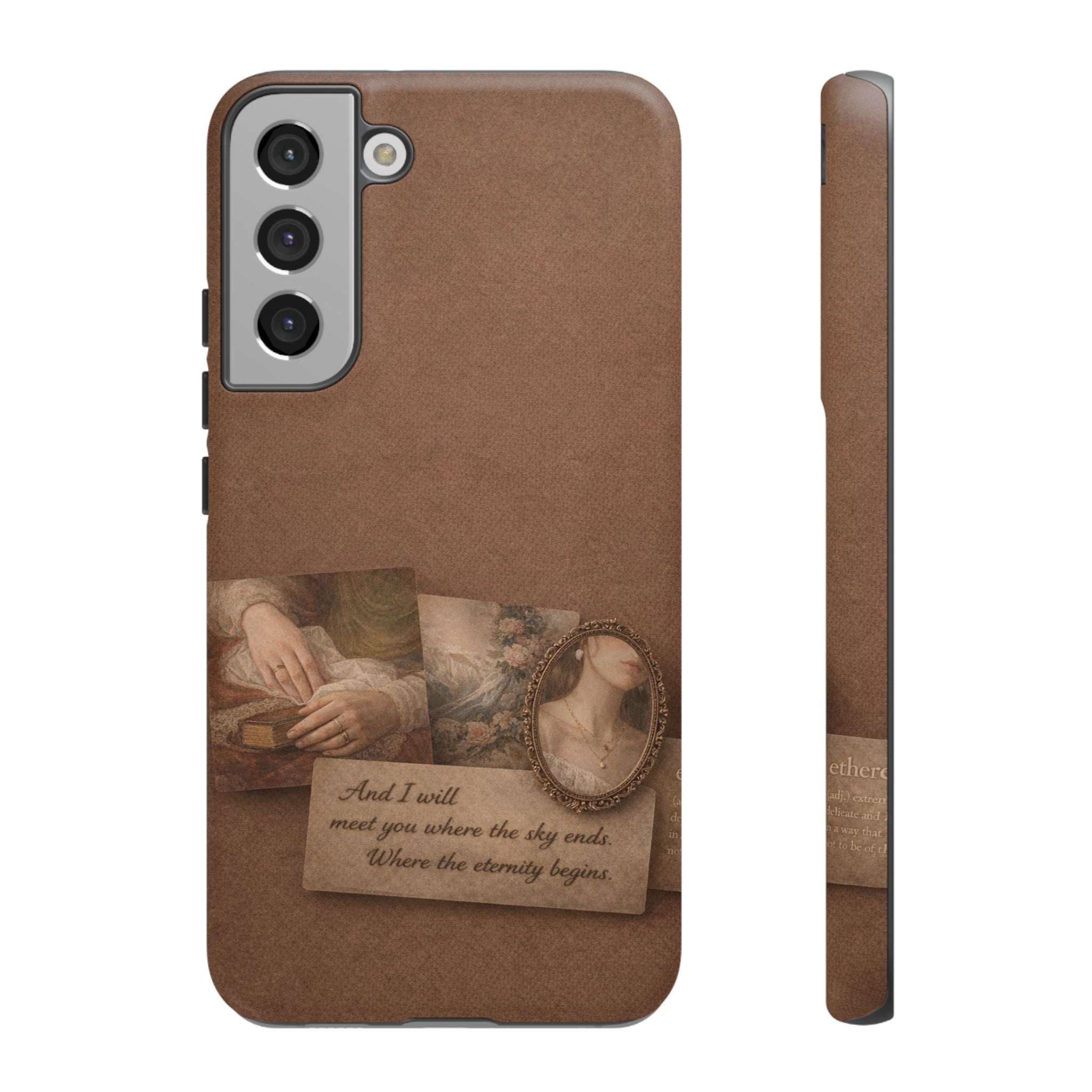 Vintage Brown Phone Case with Romantic Collage — "And I saw you where the sky ends"🌙