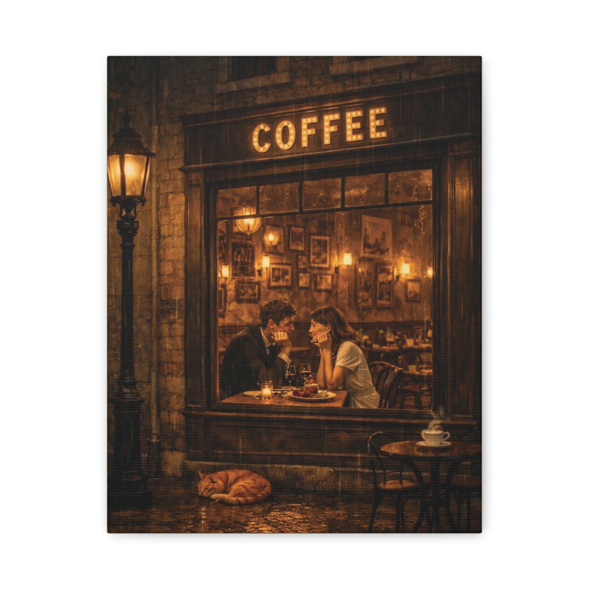 Coffee Shop Romance ☕🌧️ | Vintage Rainy Night Café Canvas Wall Art