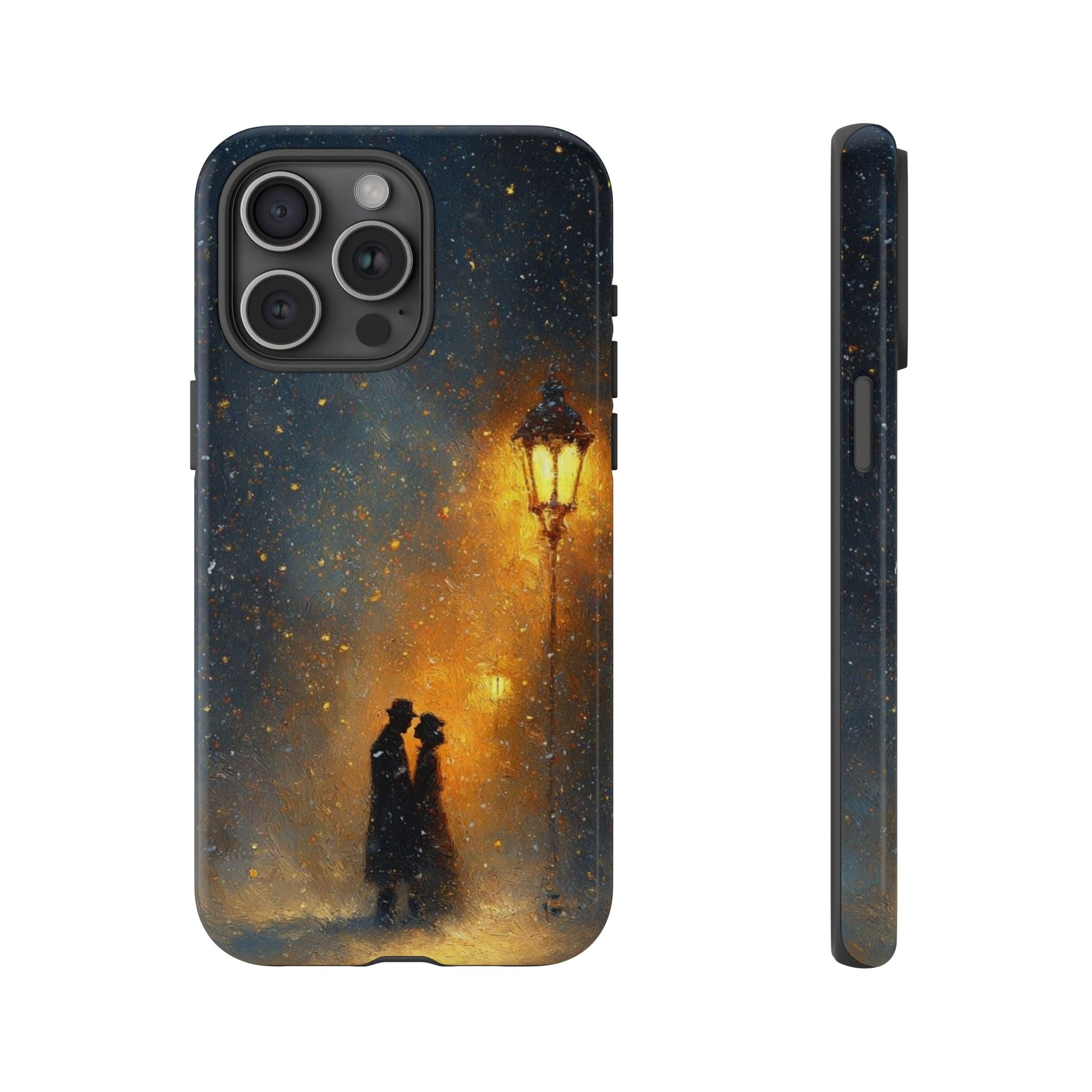 Romantic Snowy Street Phone Case — Vintage Couple Under Lamplight🌓🌙