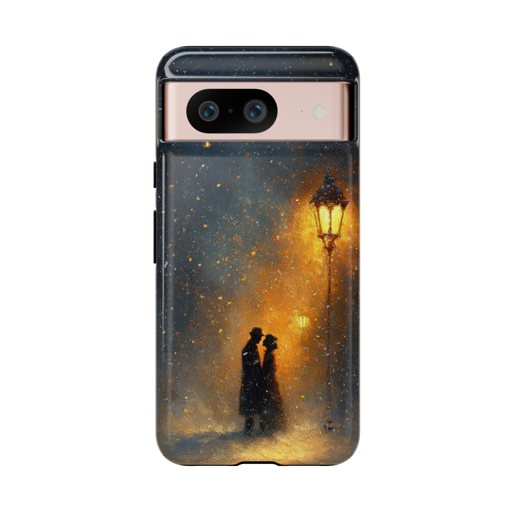 Romantic Snowy Street Phone Case — Vintage Couple Under Lamplight🌓🌙