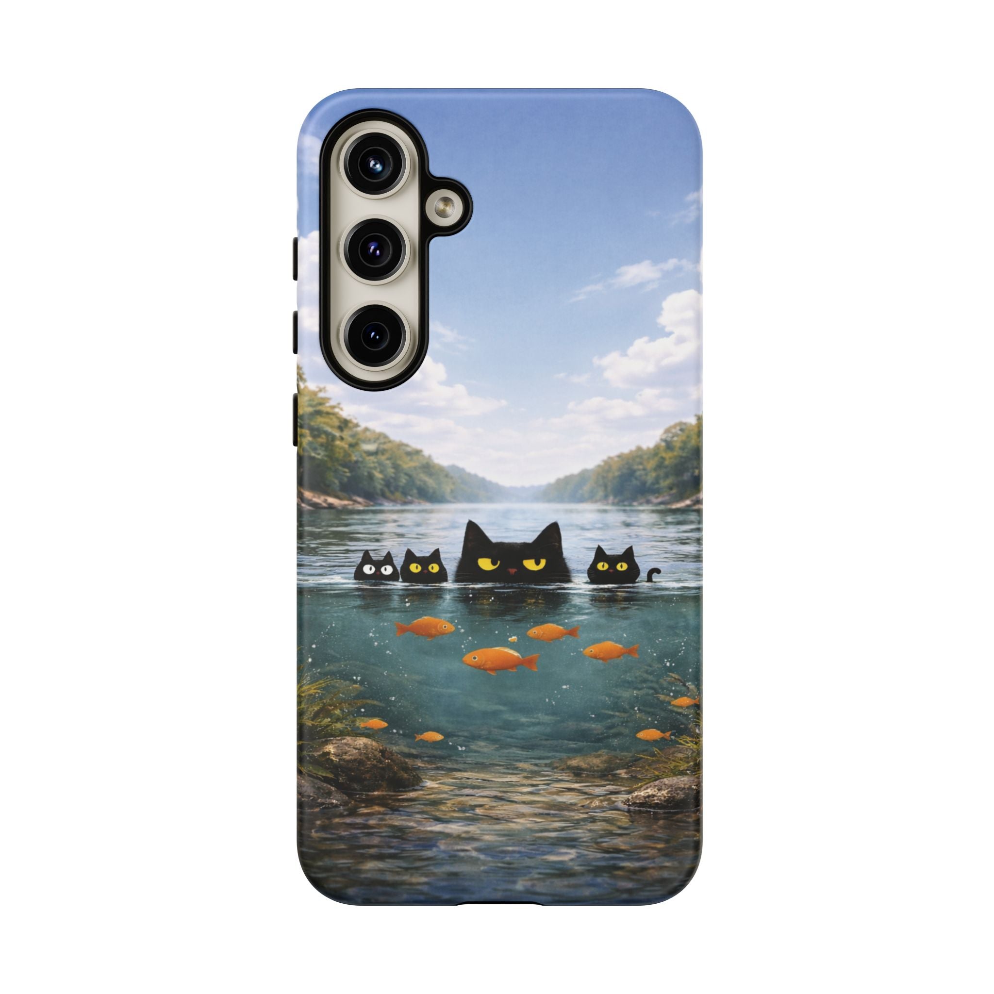 Cat Lake Tough Phone Case — Black Cats & Goldfish Scenic Protective Cover🐶🐾