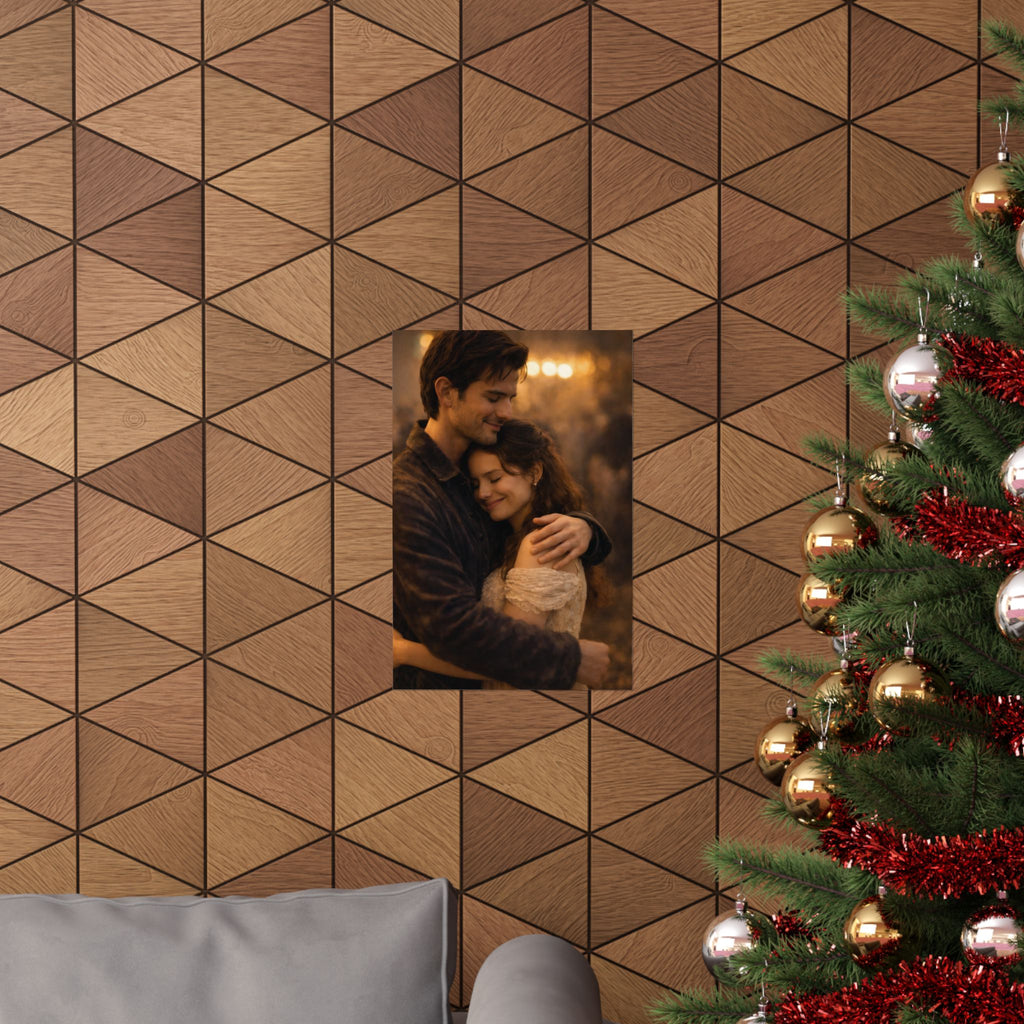 Golden Embrace — Romantic Couple Matte Poster | Warm Cinematic Love Wall Art