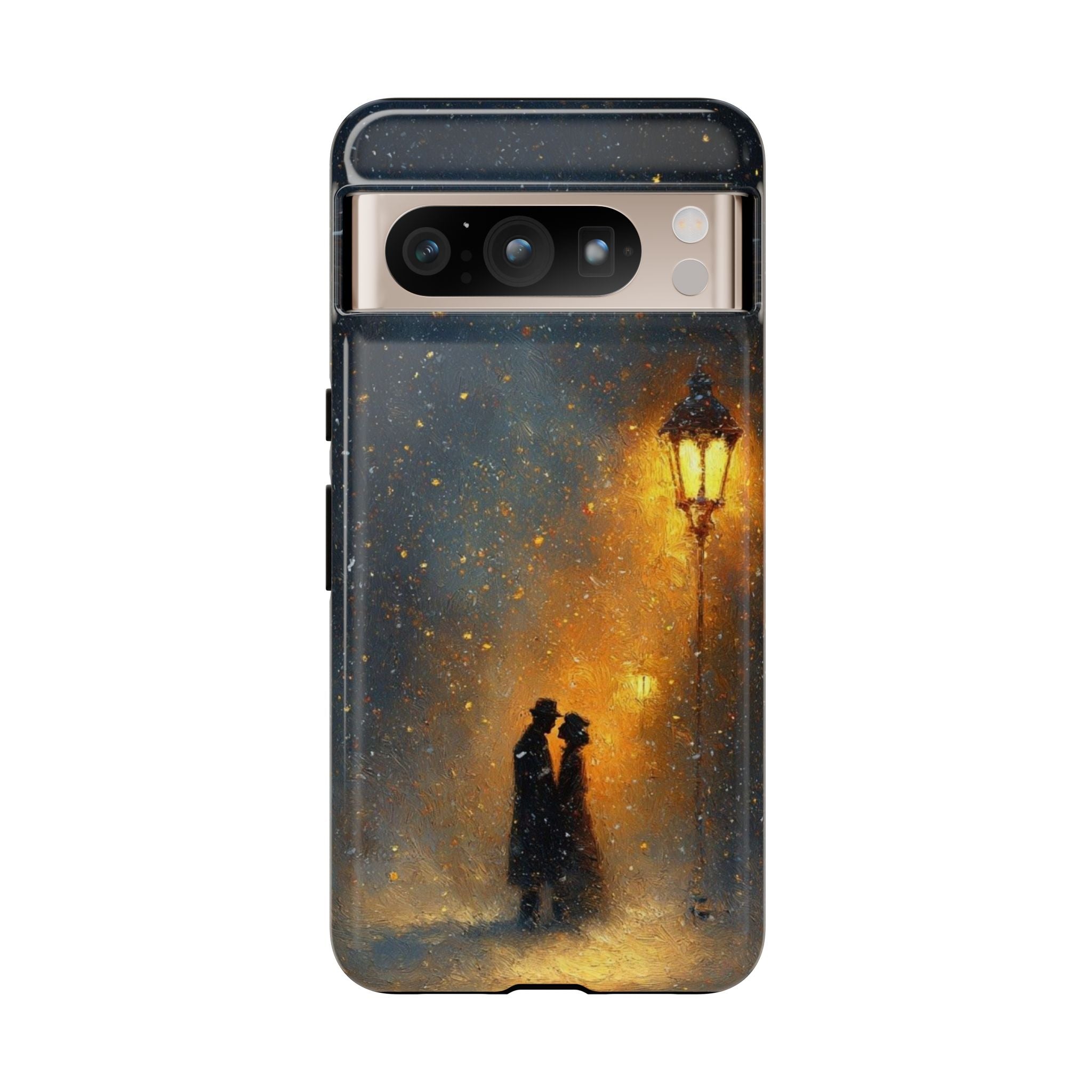 Romantic Snowy Street Phone Case — Vintage Couple Under Lamplight🌓🌙