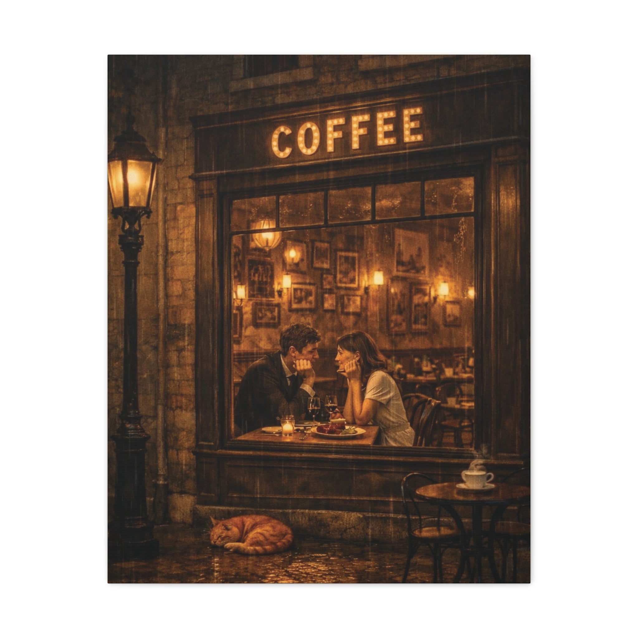 Coffee Shop Romance ☕🌧️ | Vintage Rainy Night Café Canvas Wall Art