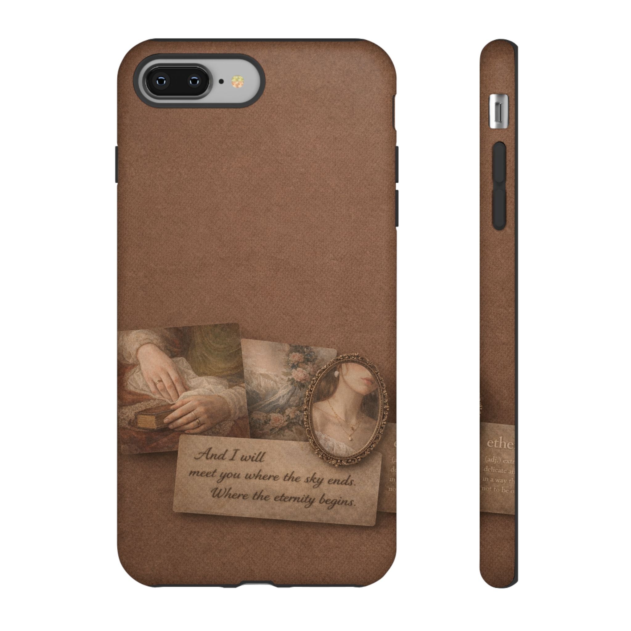 Vintage Brown Phone Case with Romantic Collage — "And I saw you where the sky ends"🌙
