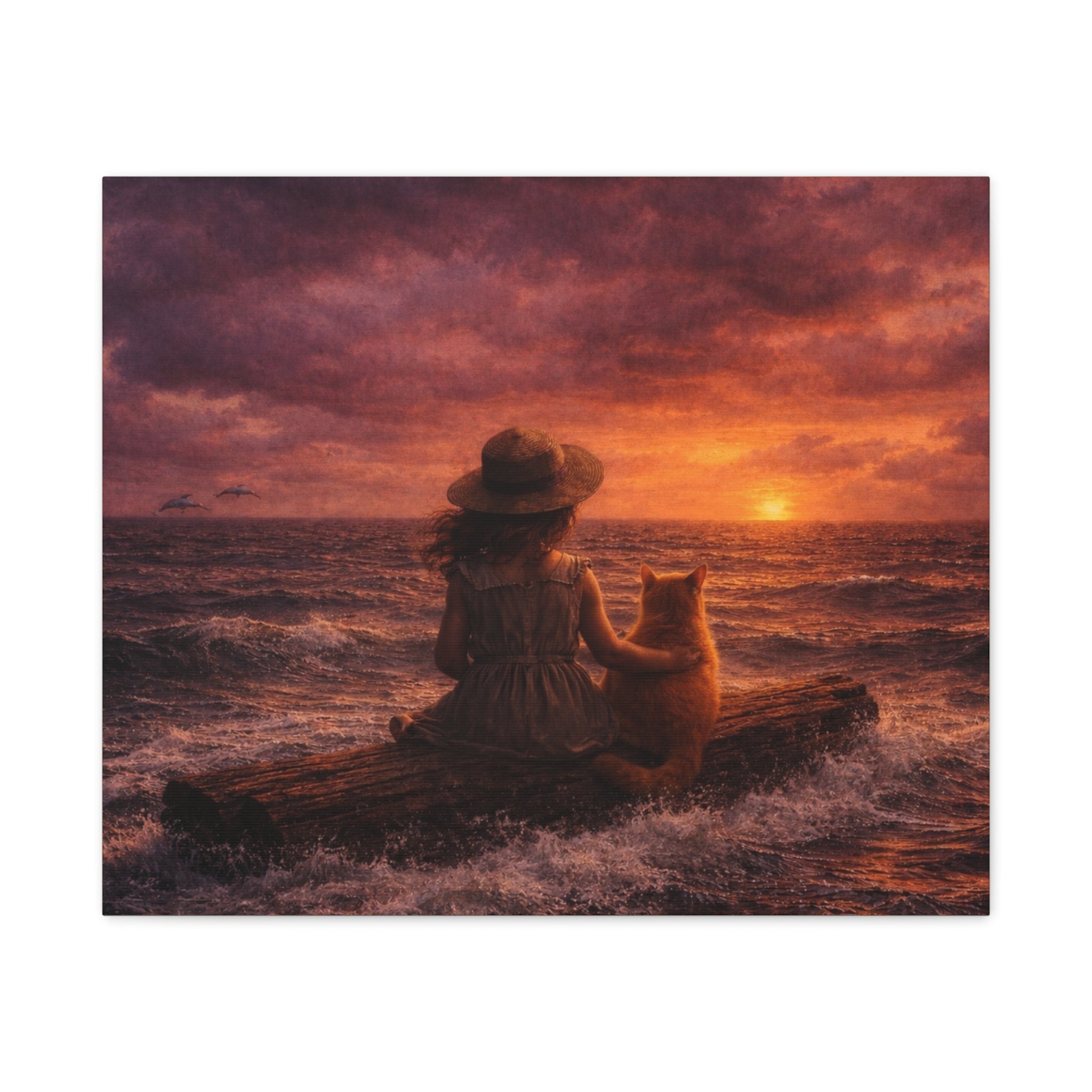 Quiet Companionship at Sunset – Girl & Cat Canvas Wall Art (Matte Stretched) 🌅